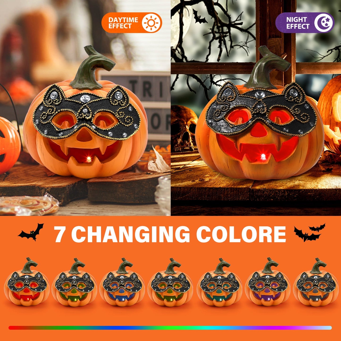 Ayieyill Halloween Pumpkin Decorations Light Up Pumpkin Figurine with Mask Halloween Decor for Home, Red