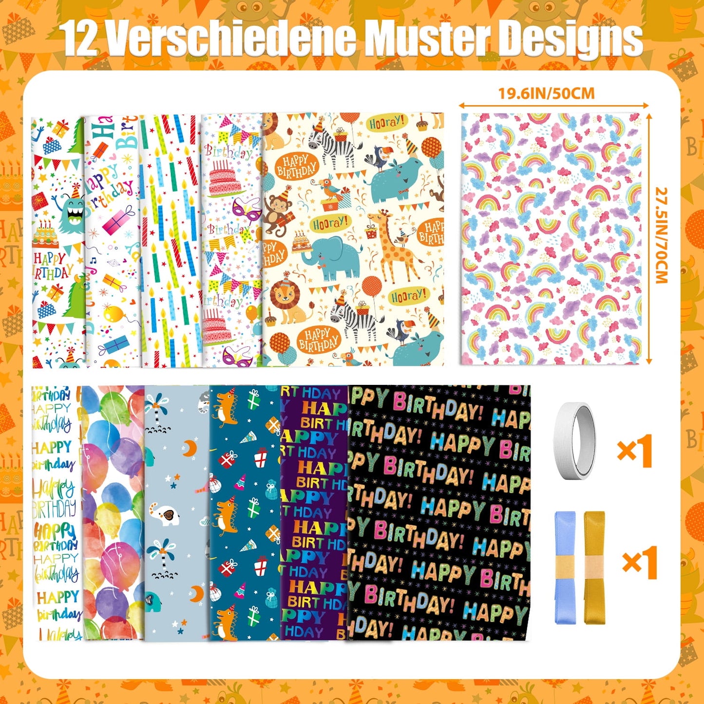 Ayieyill Birthday Wrapping Paper Roll Set of 15 with Ribbon and Tape, Gift Wrap for Happy Birthday Present