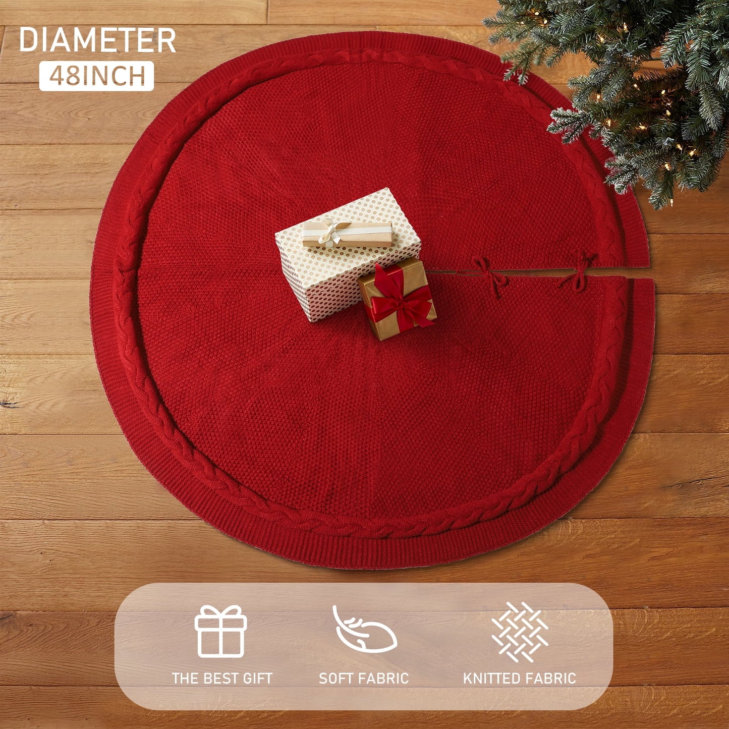 Ayieyill Christmas Tree Skirt, 48 inches White Tree Skirt Luxury Cable Knit Knitted Thick Rustic Xmas Tree Skirt Christmas Decoration, Cream
