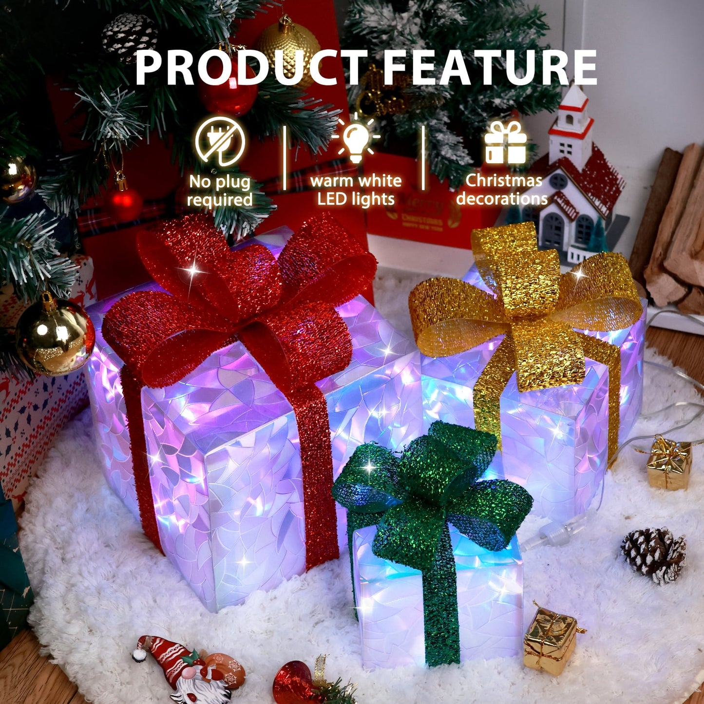 Ayieyill 3 Pcs  Christmas Lighted Gift Boxes, Light up Christmas Present Boxes, Christmas Decorations Indoor
