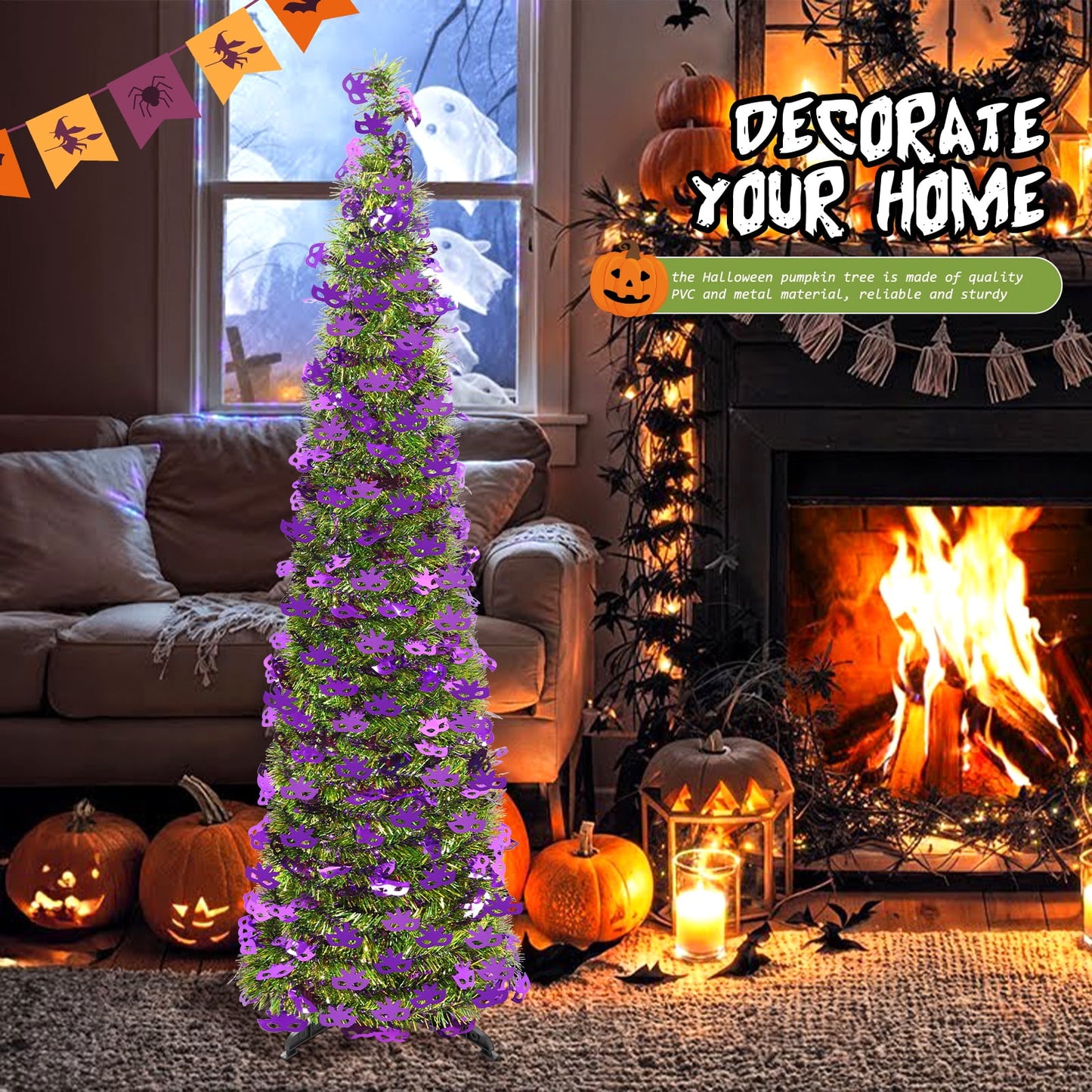 Ayieyill 5ft Halloween Tree Prelit, Pencil Pop up Tree with Light Halloween Decoration | Indoor
