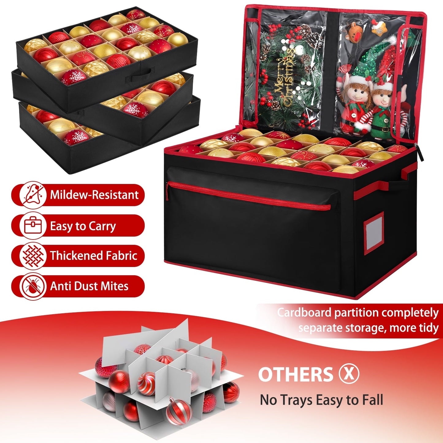 Ayieyill Premium Christmas Ornament Storage Container - Holds Up to 72-4” Ornaments Durable 600D Fabric - Adjustable Dividers - 3 Individual Trays