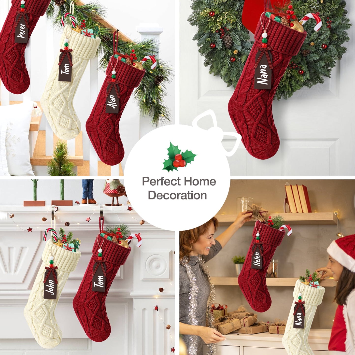 Ayieyill 6Pack Christmas Stockings, 17.7Inches Large Knitted Stocking Personalized Xmas Hanging Stocking Decorations with Name Leather Patches for Holiday Christmas Party Family Decor (Green Red)