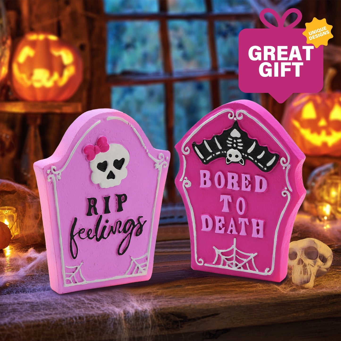 Ayieyill 2pcs Halloween Tombstones Decorations Halloween Figurines Halloween Decorations Indoor, Halloween Gift, Pink