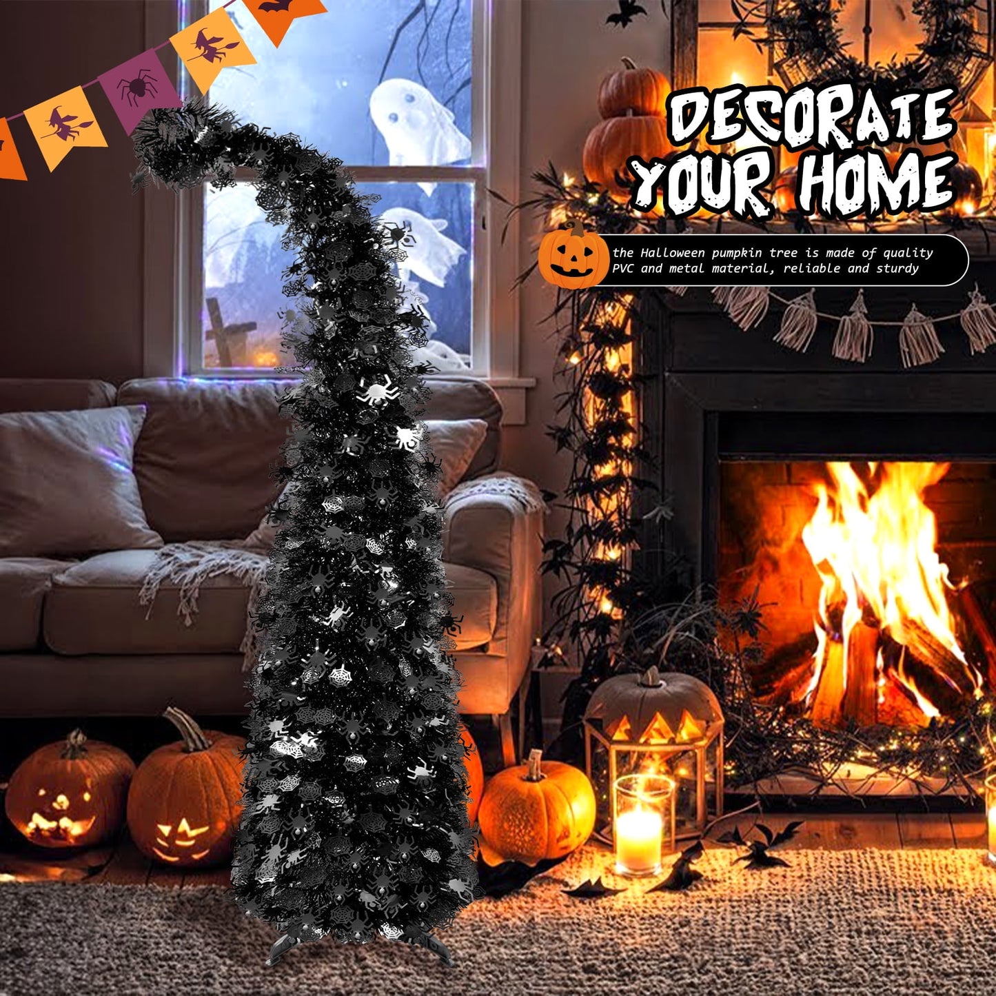 Ayieyill 5ft Halloween Tree Prelit, Pencil Pop up Tree with Light Halloween Decoration | Indoor