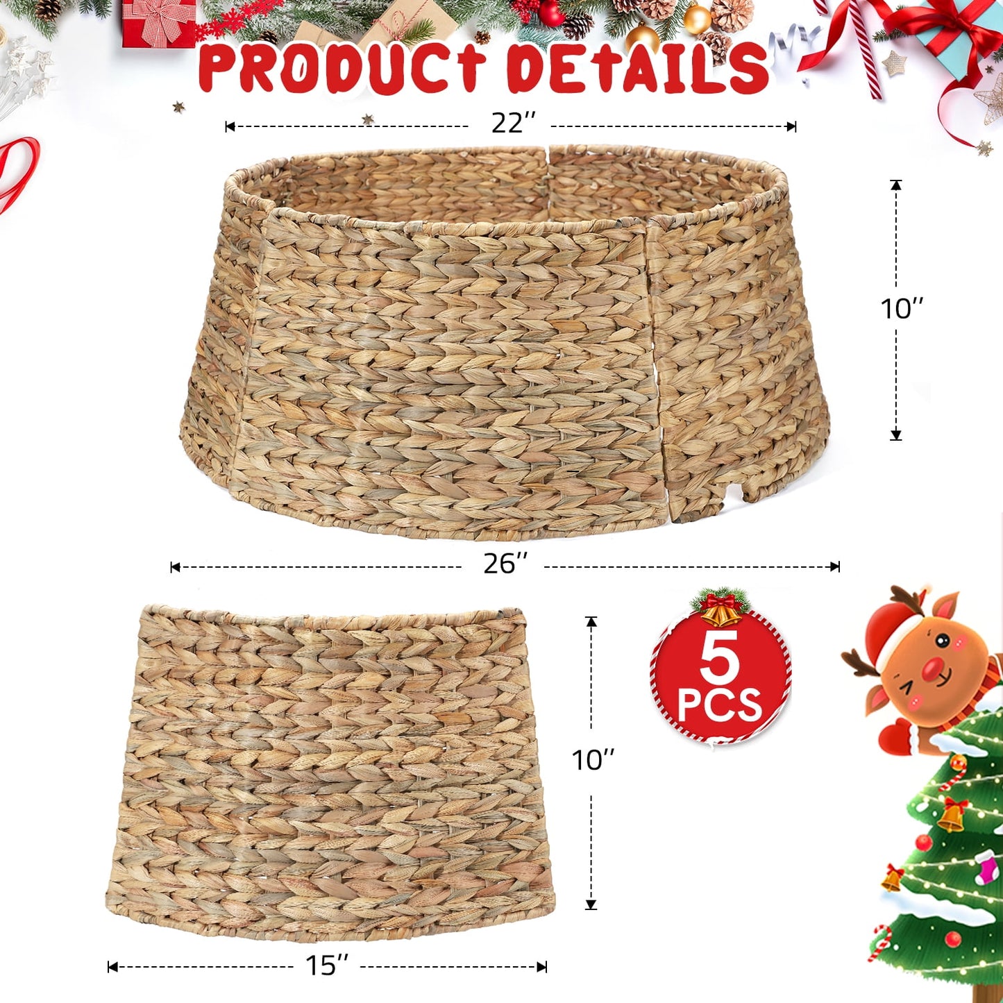Ayieyill Woven Hyacinth Christmas Tree Collar, Christmas Tree Decorations, Tree Skirt Accessory w/ Cord Cut-Out | Natural