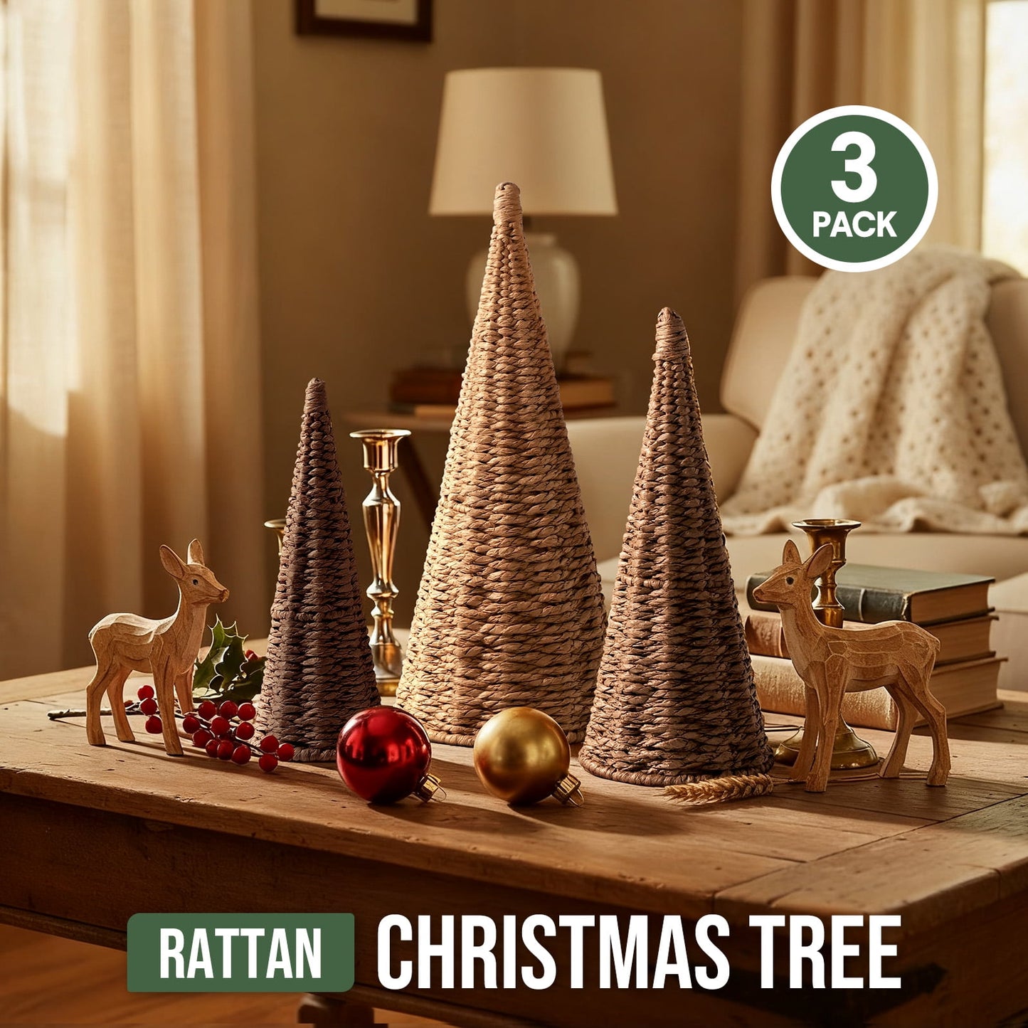Ayieyill 3pcs Wicker Christmas Tree Tabletop Christmas Decor Farmhouse Christmas Decor Rustic Xmas Decorations, Natural