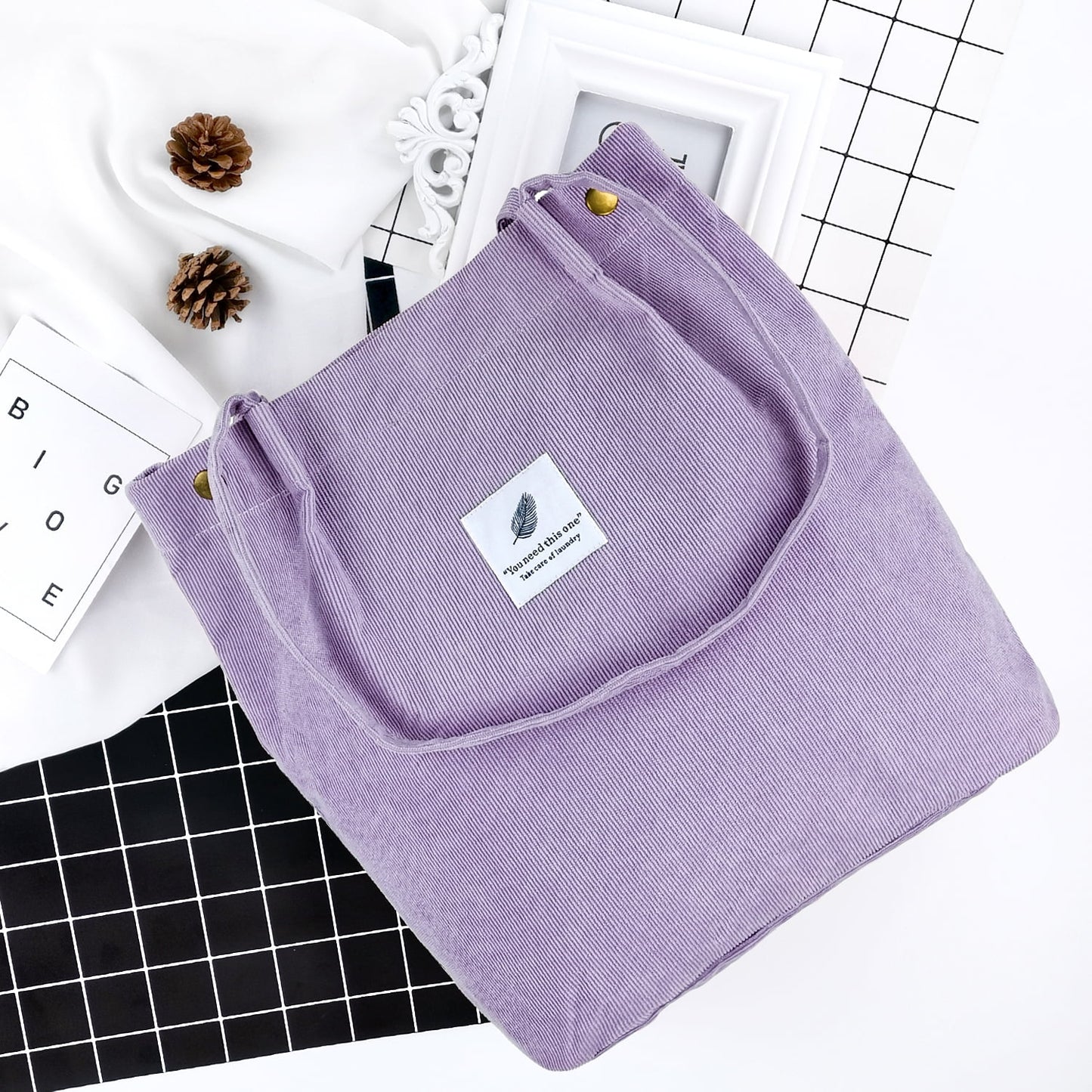 Ayieyill Corduroy Tote Bag Large for Women Girl Lady Canvas Shoulder Cord Purse and Handbags with Inner Pocket