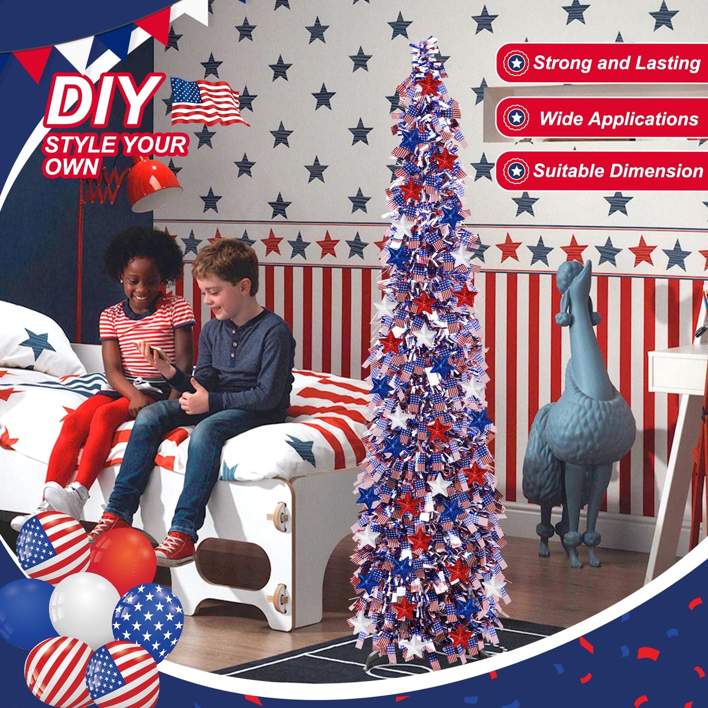 Ayieyill 4th of July Decor Patriotic Decorations, 5ft Pop up Tree Patriotic American Tree, Fourth of July Decorations Party Supplies(Red White and Blue )