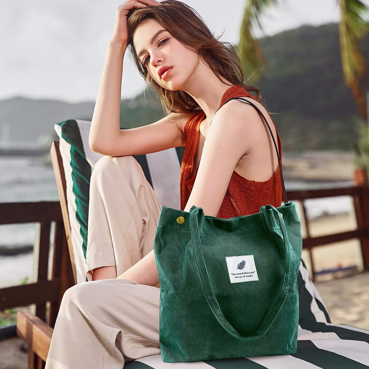 Ayieyill Corduroy Tote Bag Large for Women Girl Lady Canvas Shoulder Cord Purse and Handbags with Inner Pocket