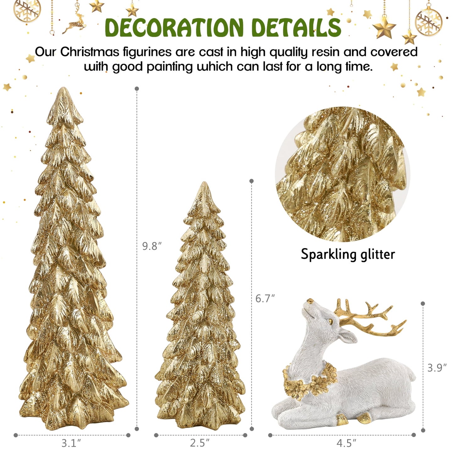 Ayieyill 3Pcs Resin Christmas Tree and Reindeer Decortion, Small Christmas Decorative Figurine Set, Christmas Tabletop Decorations Indoor