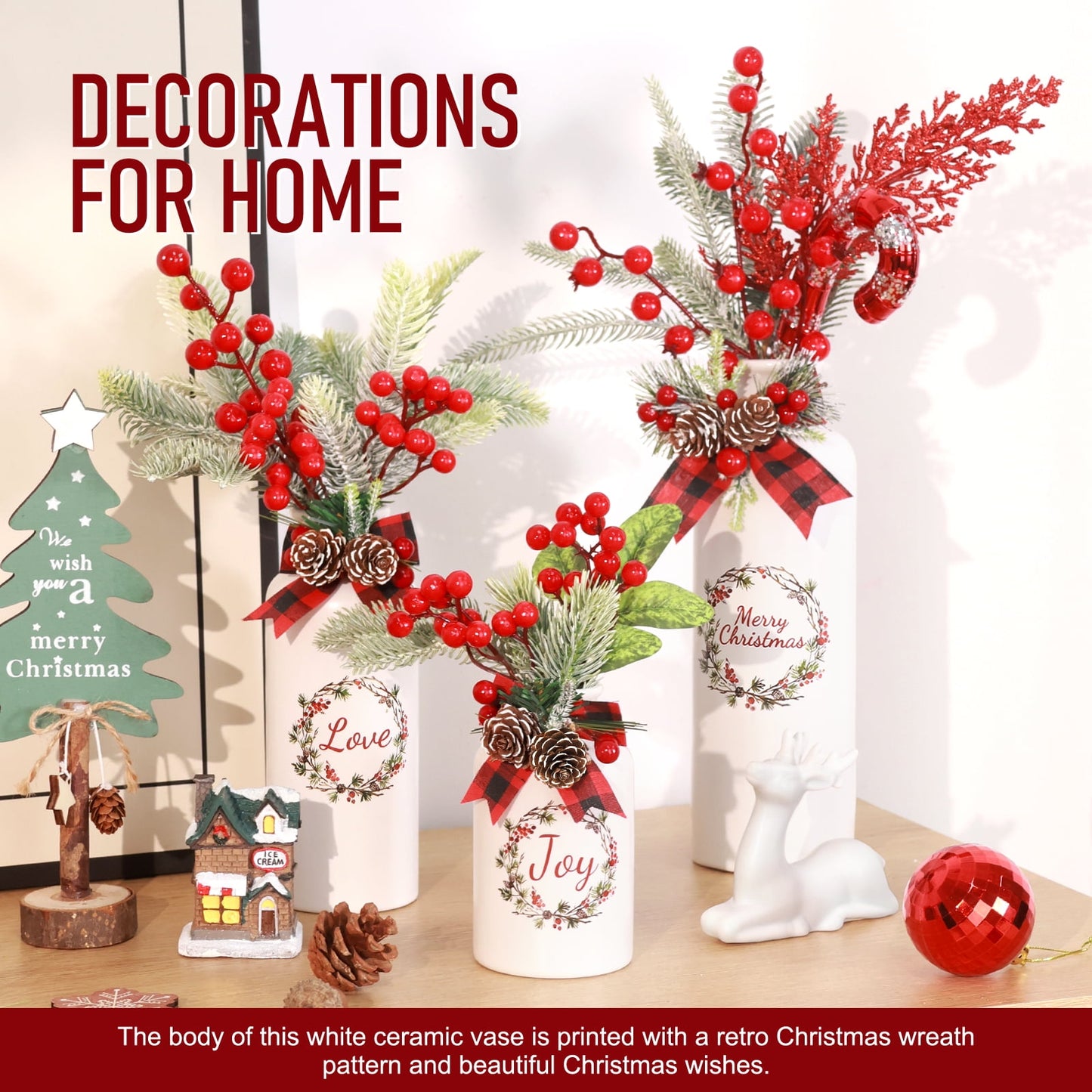Ayieyill 4 Pcs Ceramic White Christmas Vase, Reindeer Christmas Decorations Indoor