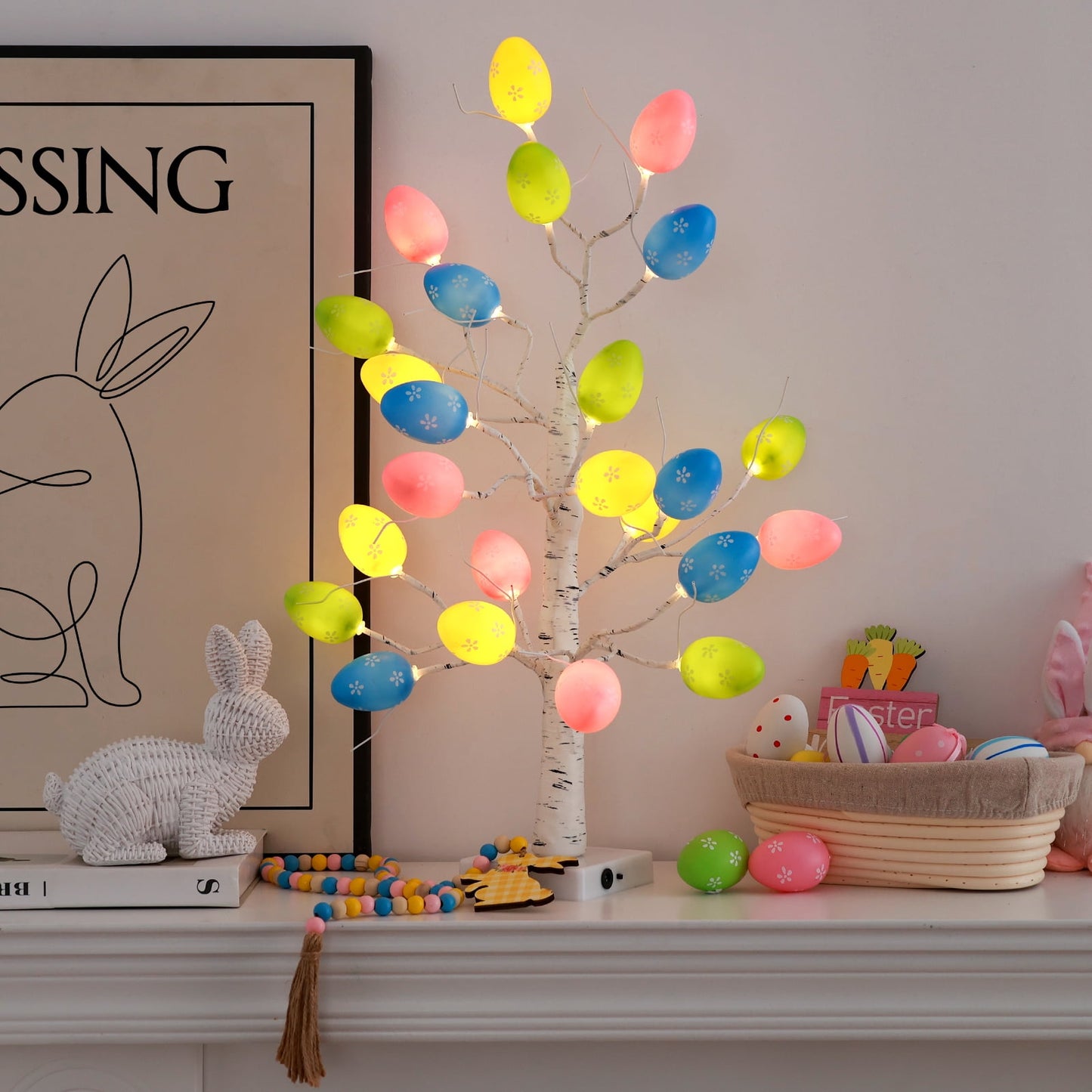 Ayieyill Lighted Easter Egg Tree Tabletop 21 inch Artificial Birch Tree Lights Include 24 Pieces Egg Ornament for Home Spring Easter Decorations