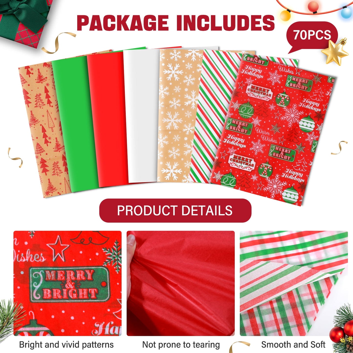 Ayieyill 70pcs Christmas Tissue Paper Sheets Christmas Wrapping Paper Xmas Tissue Paper for Gift Bags Gift Wrap