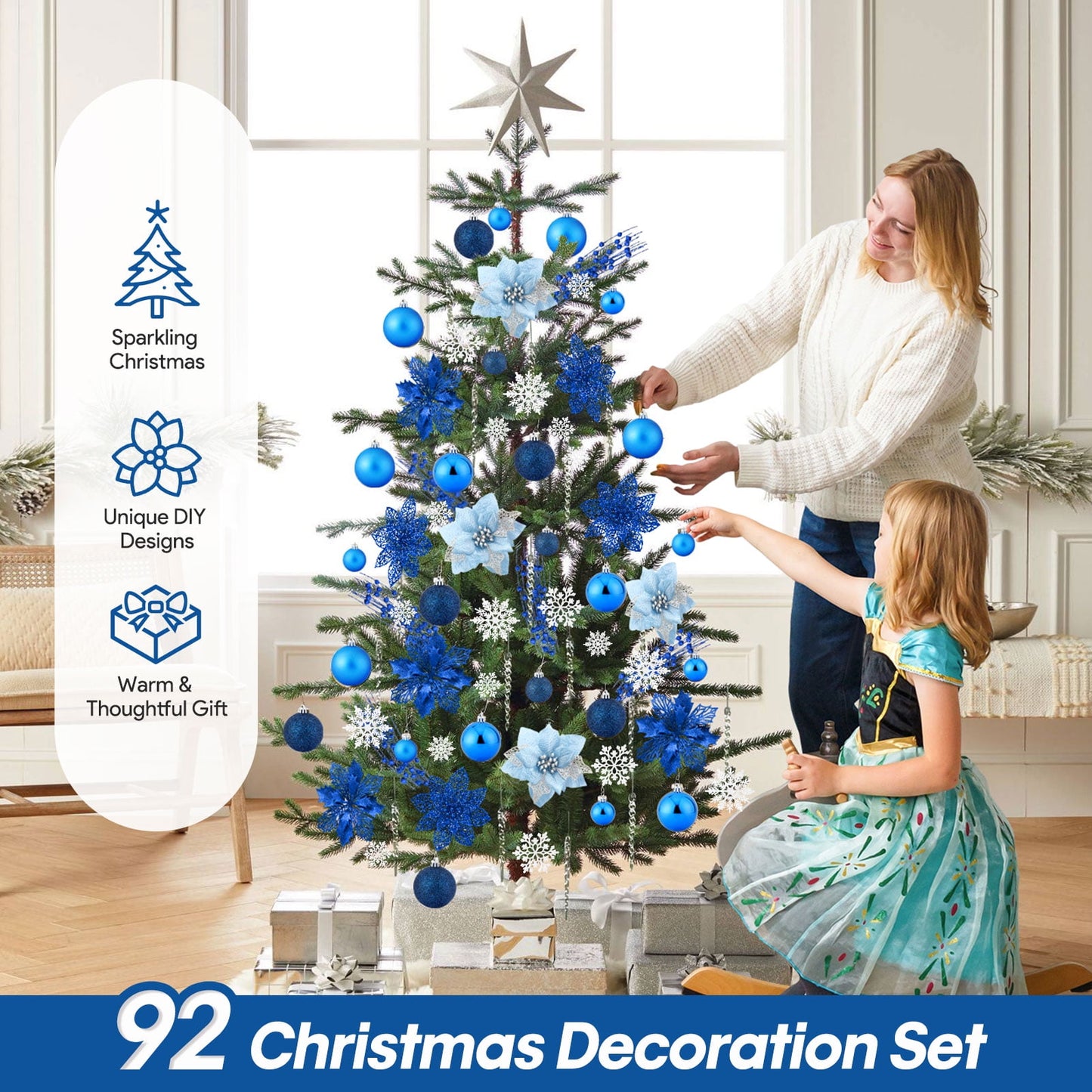Ayieyill 92Pcs Christmas Tree Decorations Includes Poinsettia Christmas Flowers, Ball Ornaments, Artificial Glitter Berry Stems, Snowflake and Icicle Drop Crystal Ornaments