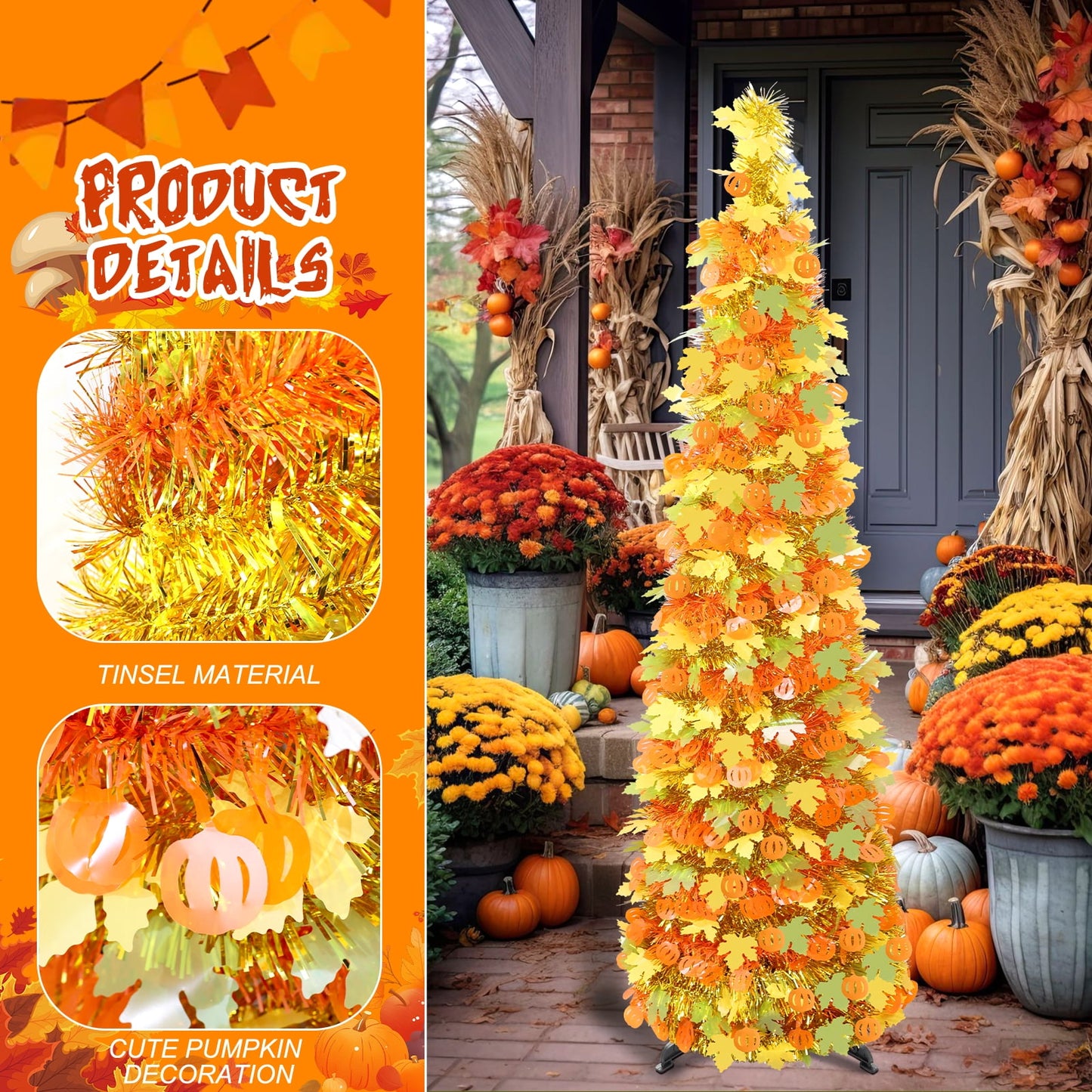 Ayieyill 5Ft Fall Tree Pop up Pencil Tree Collapsible Maple Tree for Indoor Outdoor Thanksgiving Decorations Autumn Harvest
