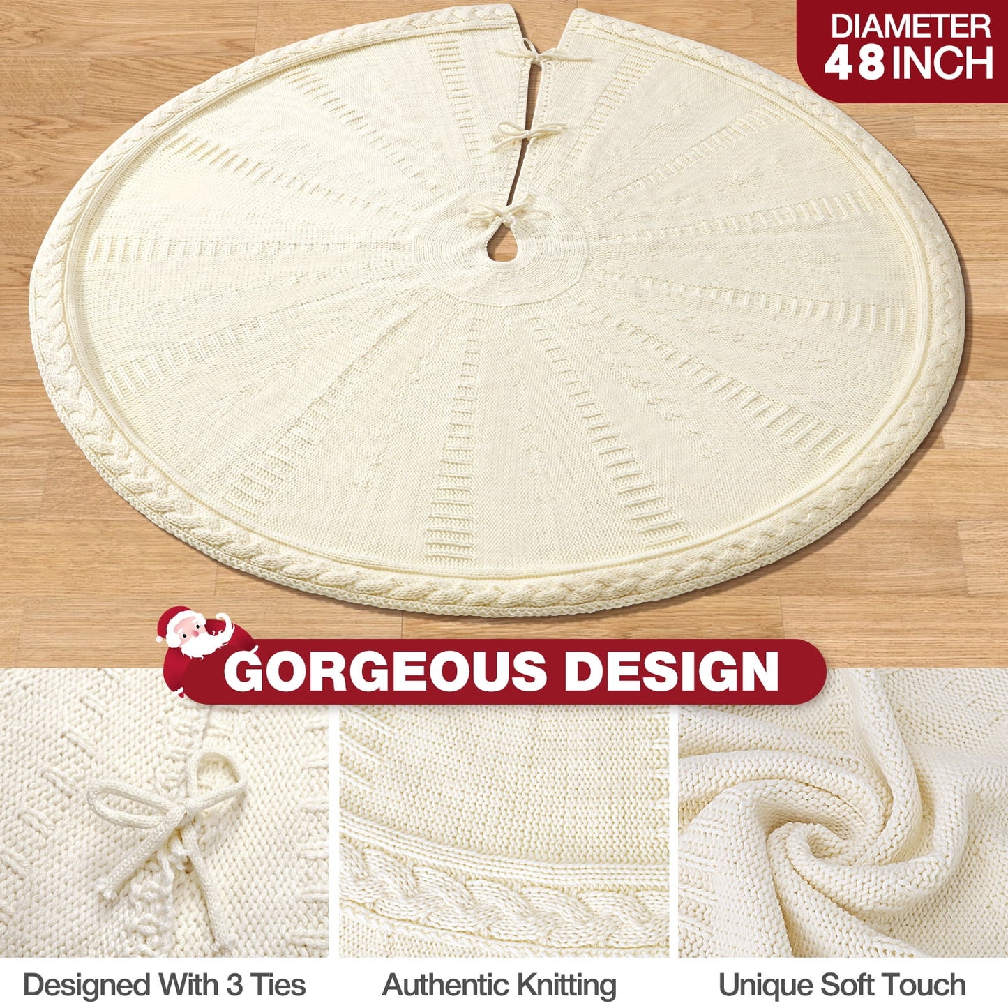 Ayieyill Christmas Tree Skirt, 48 inches White Tree Skirt Luxury Cable Knit Knitted Thick Rustic Xmas Tree Skirt Christmas Decoration, Cream