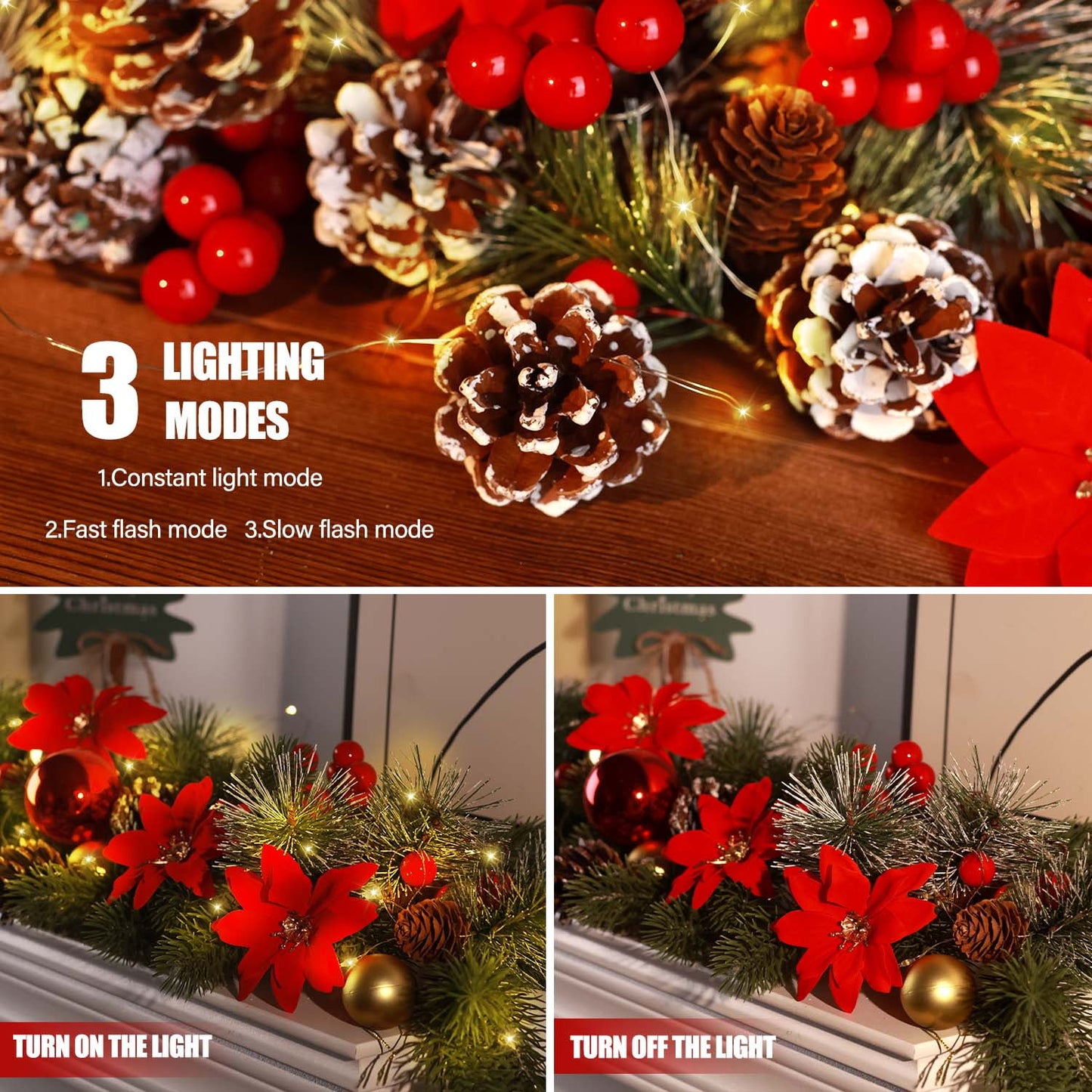 Ayieyill Christmas Garland with Lights, 8.2FT LED Christmas Garland String Lights for Christmas Decorations