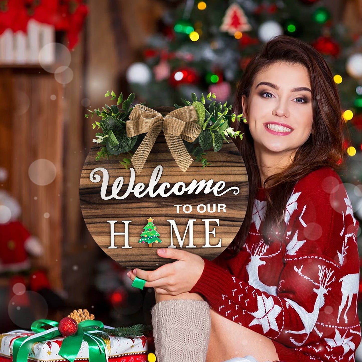 Ayieyill Interchangeable Welcome Sign for Front Door, Rustic Round Wood Holiday Door Sign with 14 Changeable Icons, Seasonal Welcome Home Sign
