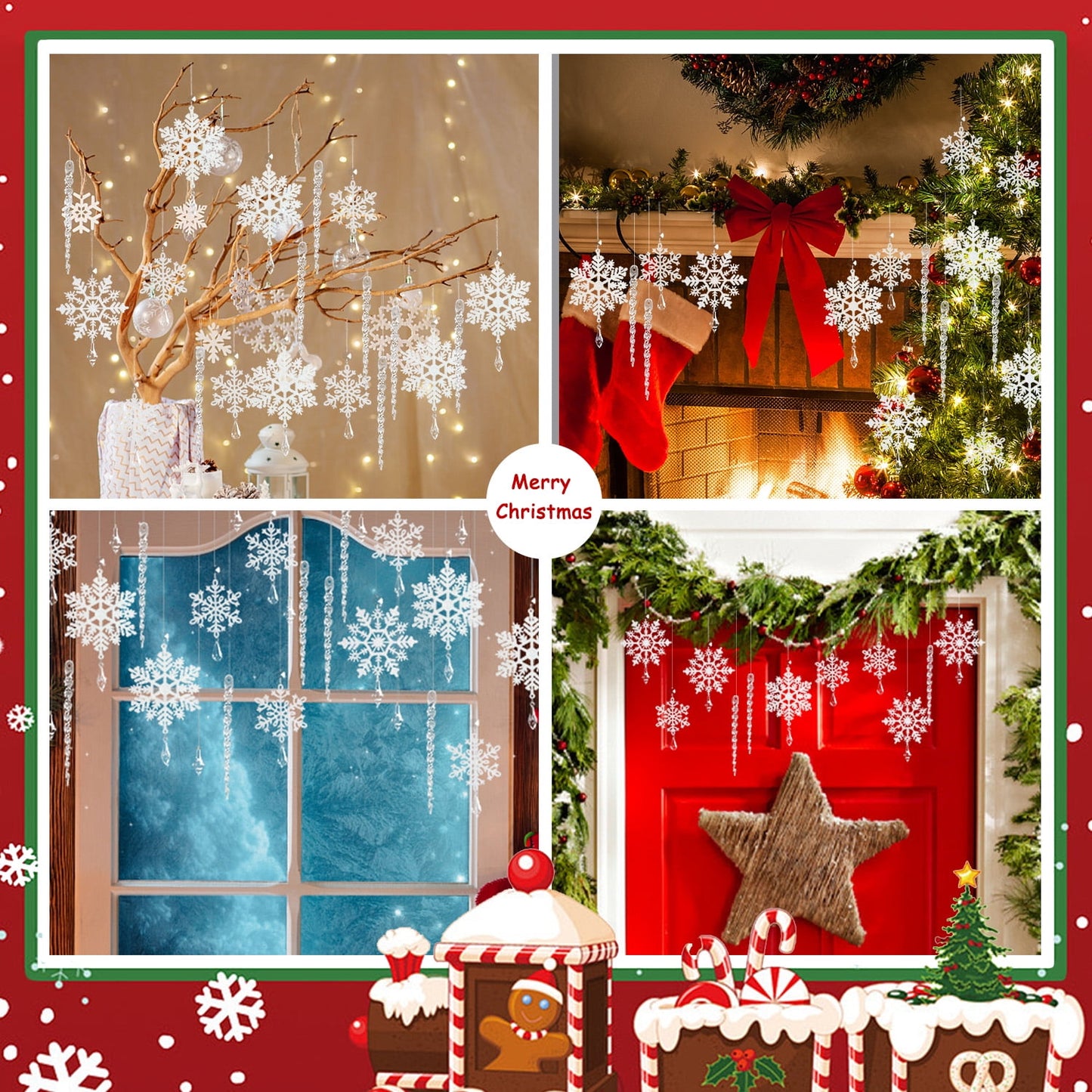 Ayieyill 24 Pieces Christmas Snowflake Drop Ornament Acrylic Icicle Christmas Hanging