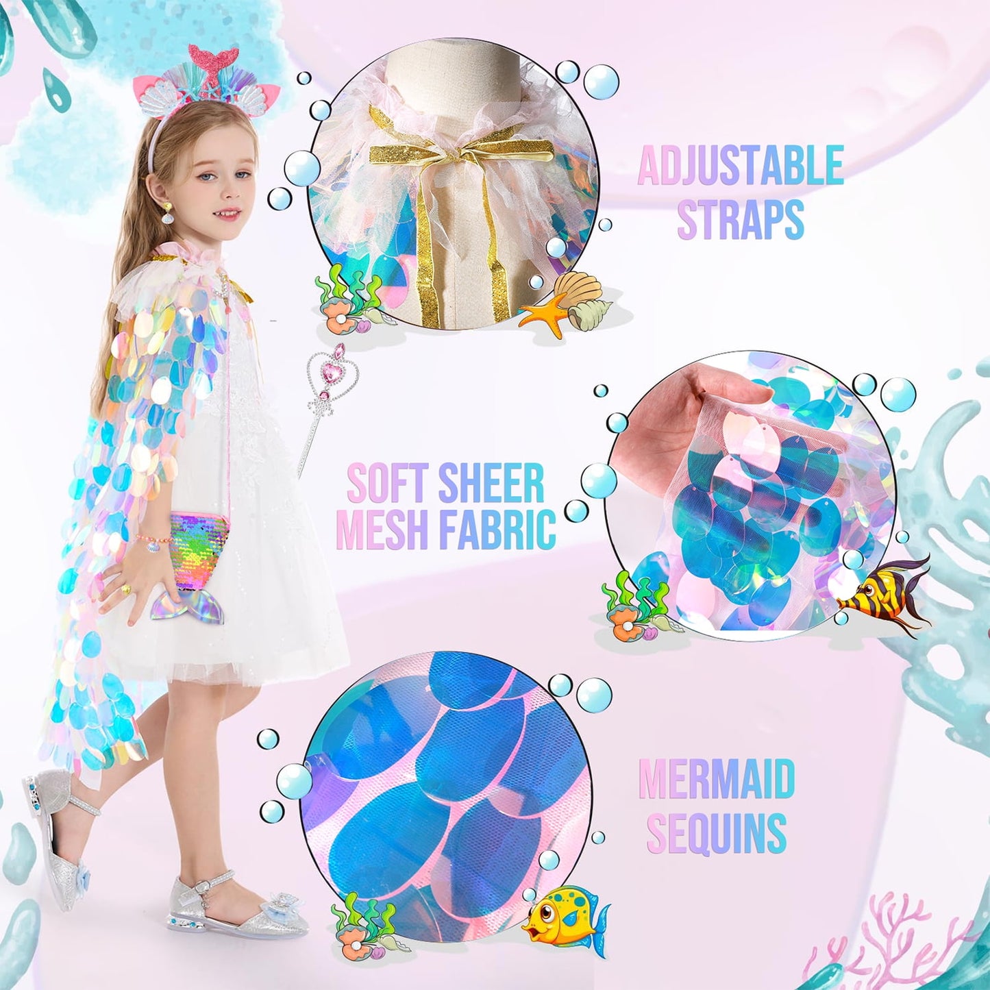Ayieyill Princess Dress up Clothes for Little Girl, 11Pcs Princess Cape with Crown, Princess Dresses for Girl 3-8 Birthday Gift