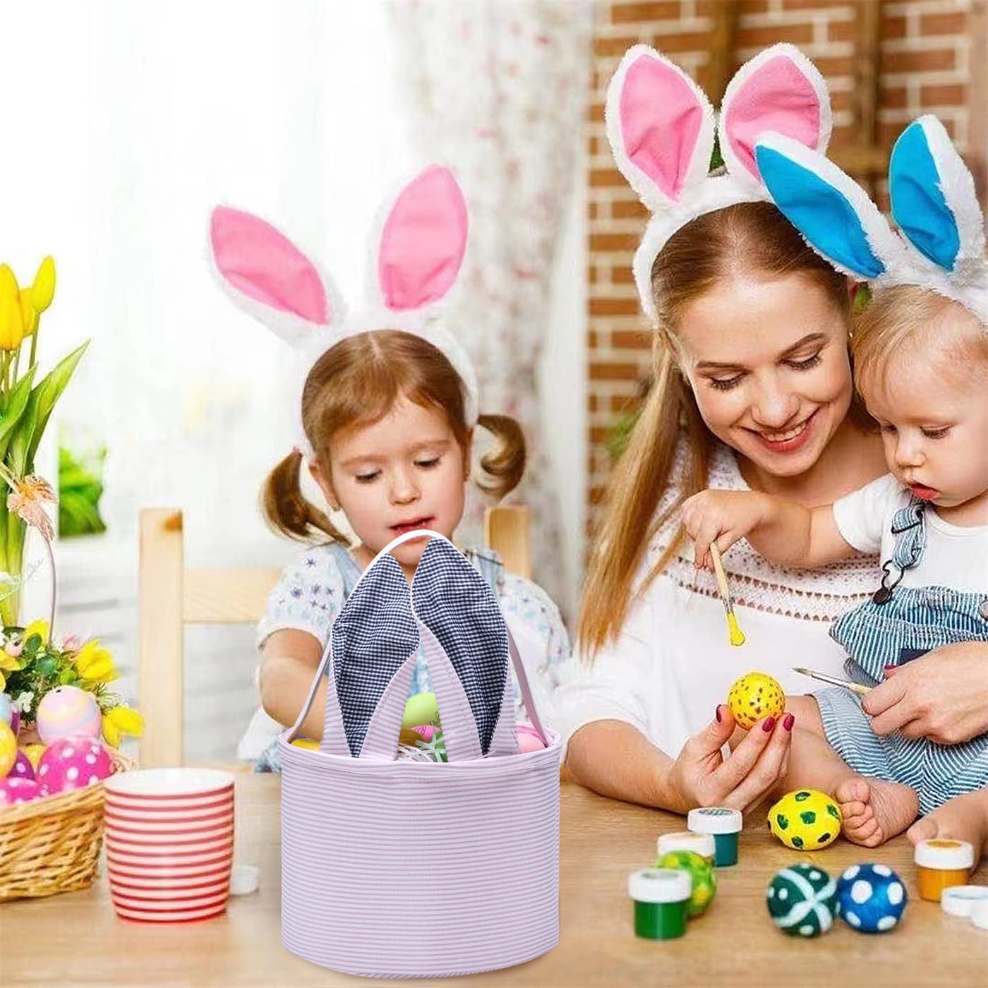 Ayieyill Easter Basket, Easter Bunny Baskets for Kids with Cute Rabbit Ears Stripe, Easter gift baskets