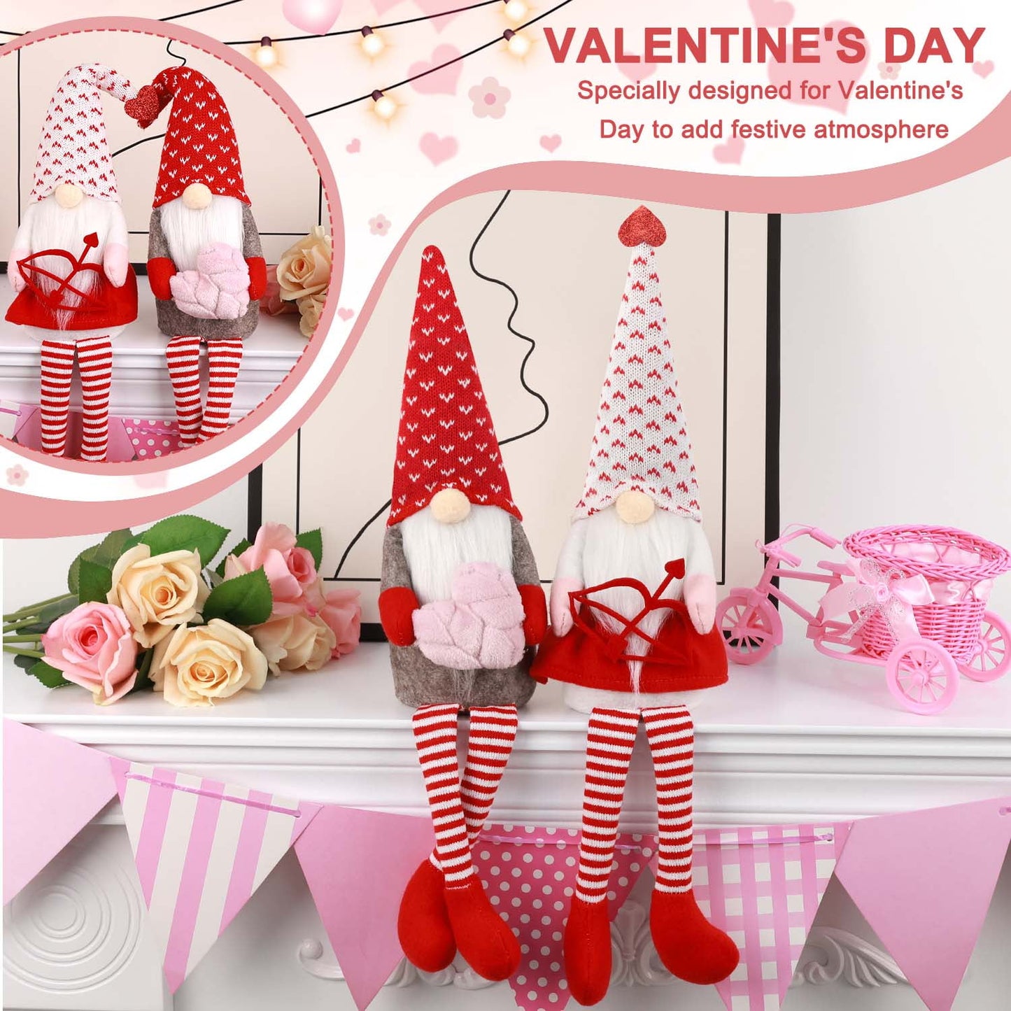 Ayieyill Valentines Day Decor 2PCs Valentine Gnomes Plush Dolls Scandinavian Tomte Swedish Gnome Elf Dwarf Figurines Valentine's Day Gifts