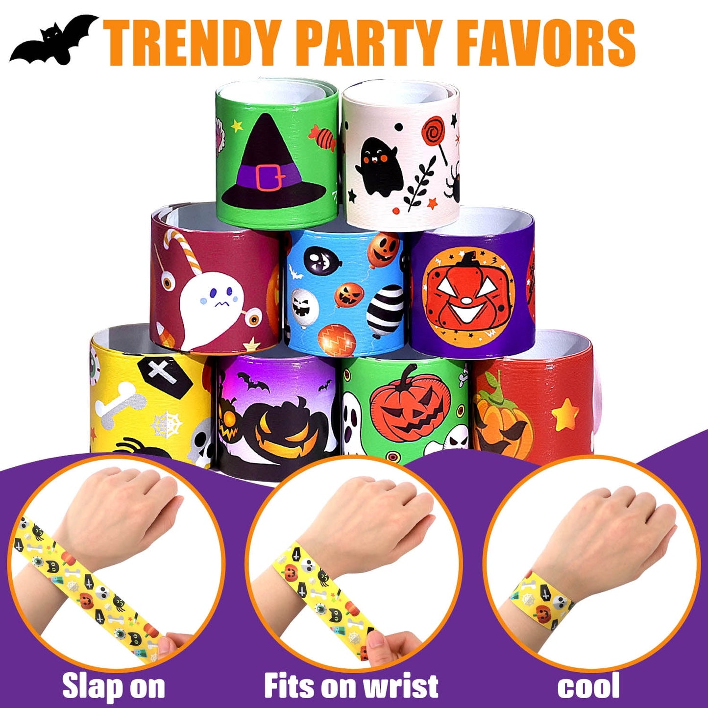 Ayieyill 36 PCS Halloween Slap Bracelets for Kids, Halloween Bracelets Bulk for Girls Boys, Kids Halloween Toys for Halloween Party Favors