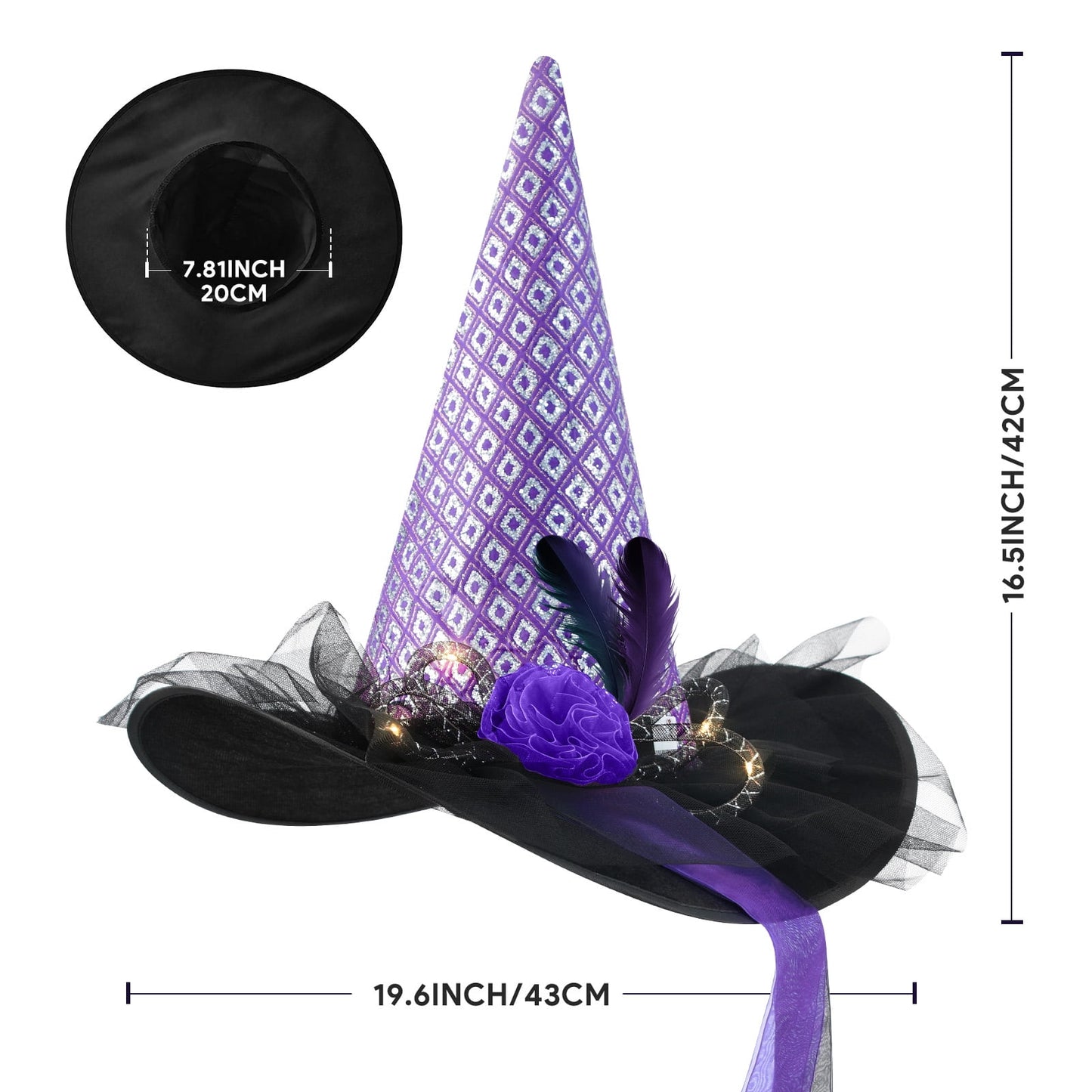Ayieyill Halloween Witch Hats for Women with Lamp Cosplay Party Halloween Costume Accessory Purple