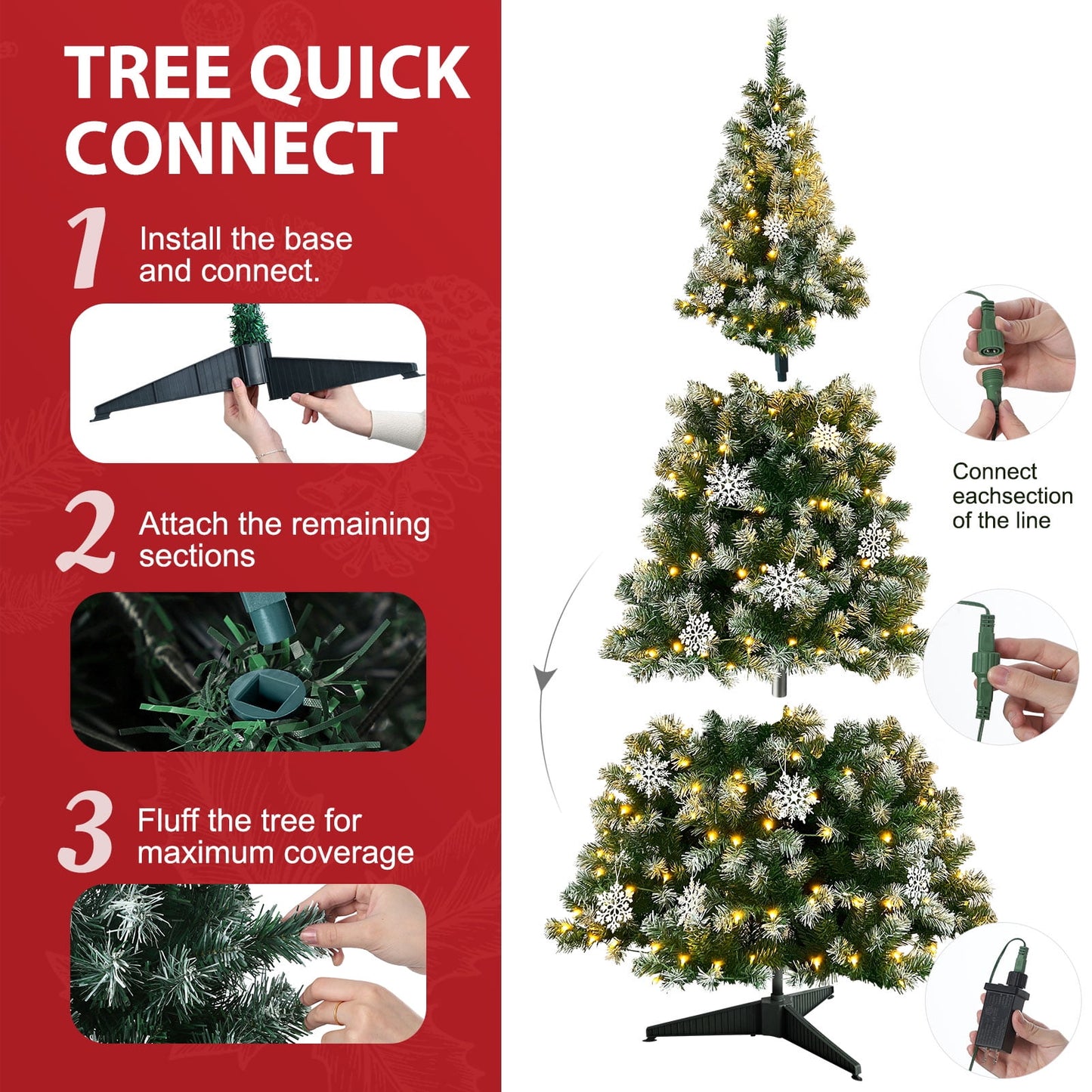 Ayieyill 7.5 ft Pre-Lit Artificial Christmas Tree with 1000 Snow Sprayed Tips 300 LED Lights 36 Snowflakes Ornaments