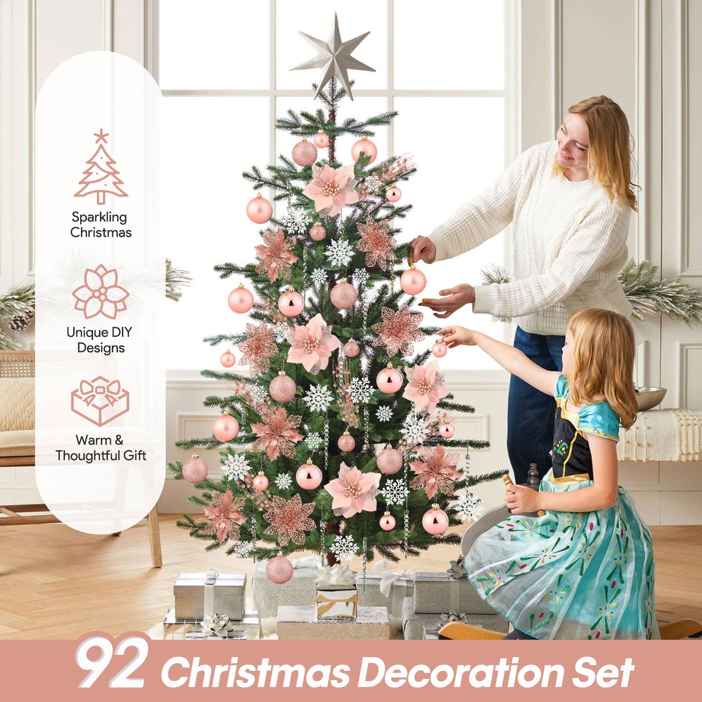Ayieyill 92Pcs Christmas Tree Decorations Includes Poinsettia Christmas Flowers, Ball Ornaments, Artificial Glitter Berry Stems, Snowflake and Icicle Drop Crystal Ornaments