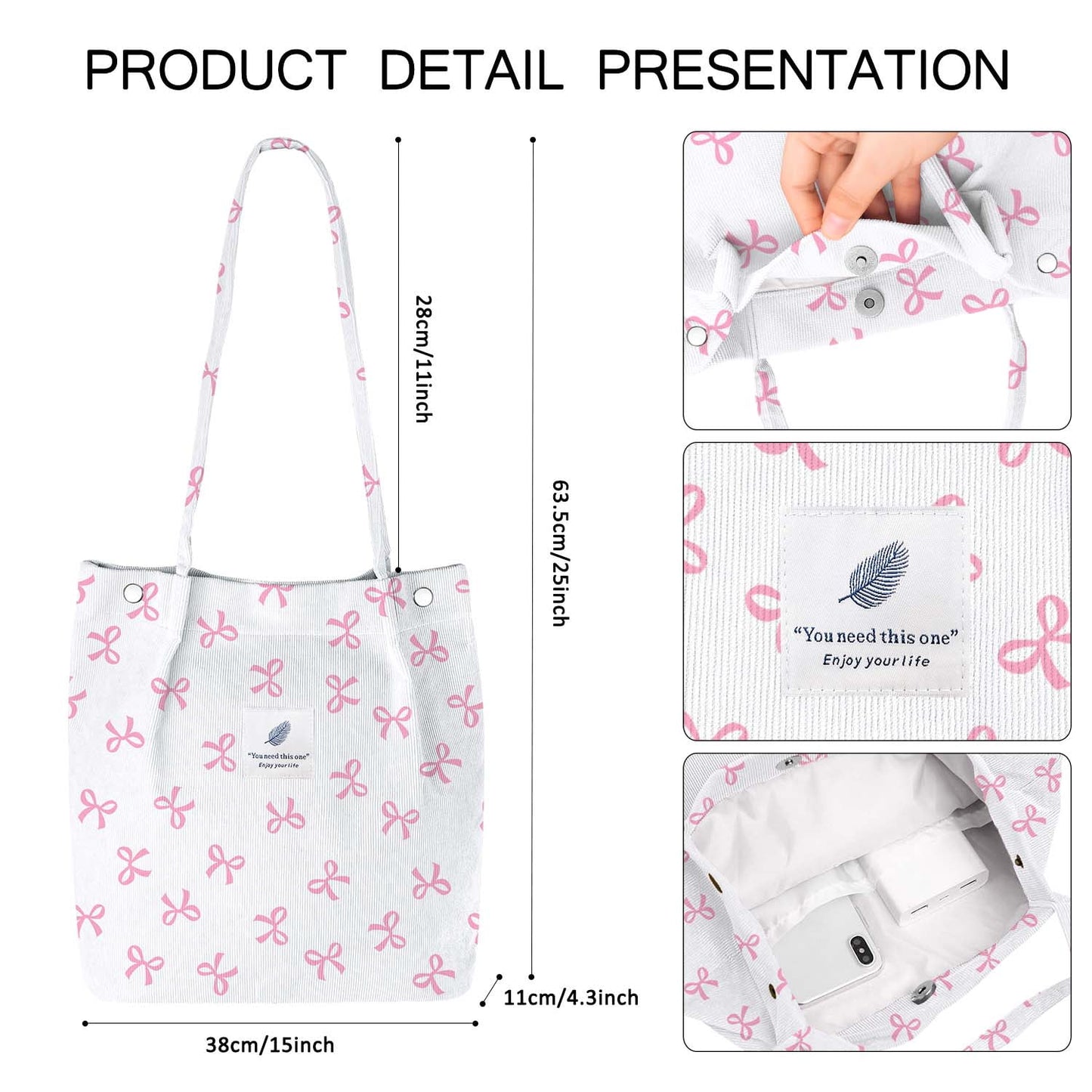 Ayieyill Corduroy Tote Bag Large for Women Girl Lady Canvas Shoulder Cord Purse and Handbags with Inner Pocket