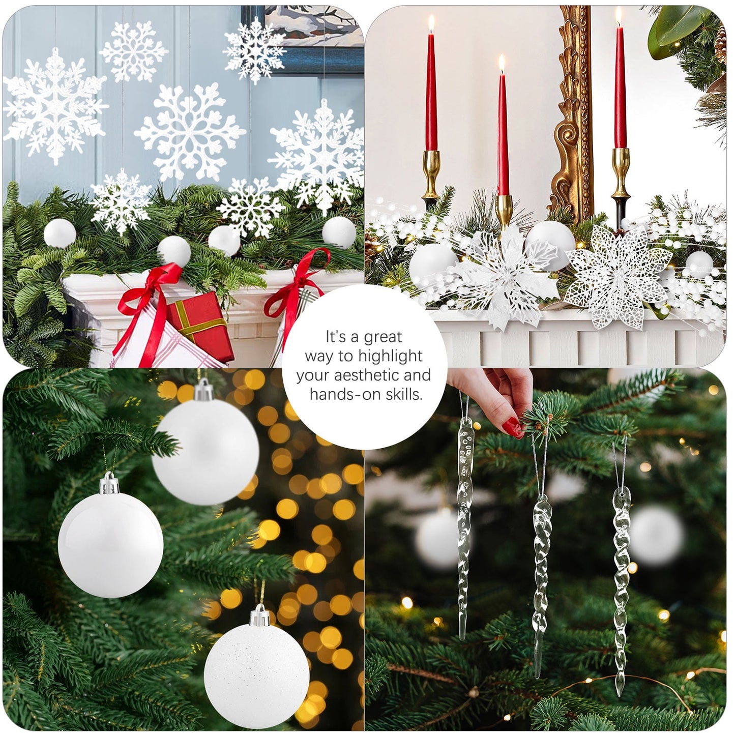 Ayieyill 92Pcs Christmas Tree Decorations Includes Poinsettia Christmas Flowers, Ball Ornaments, Artificial Glitter Berry Stems, Snowflake and Icicle Drop Crystal Ornaments