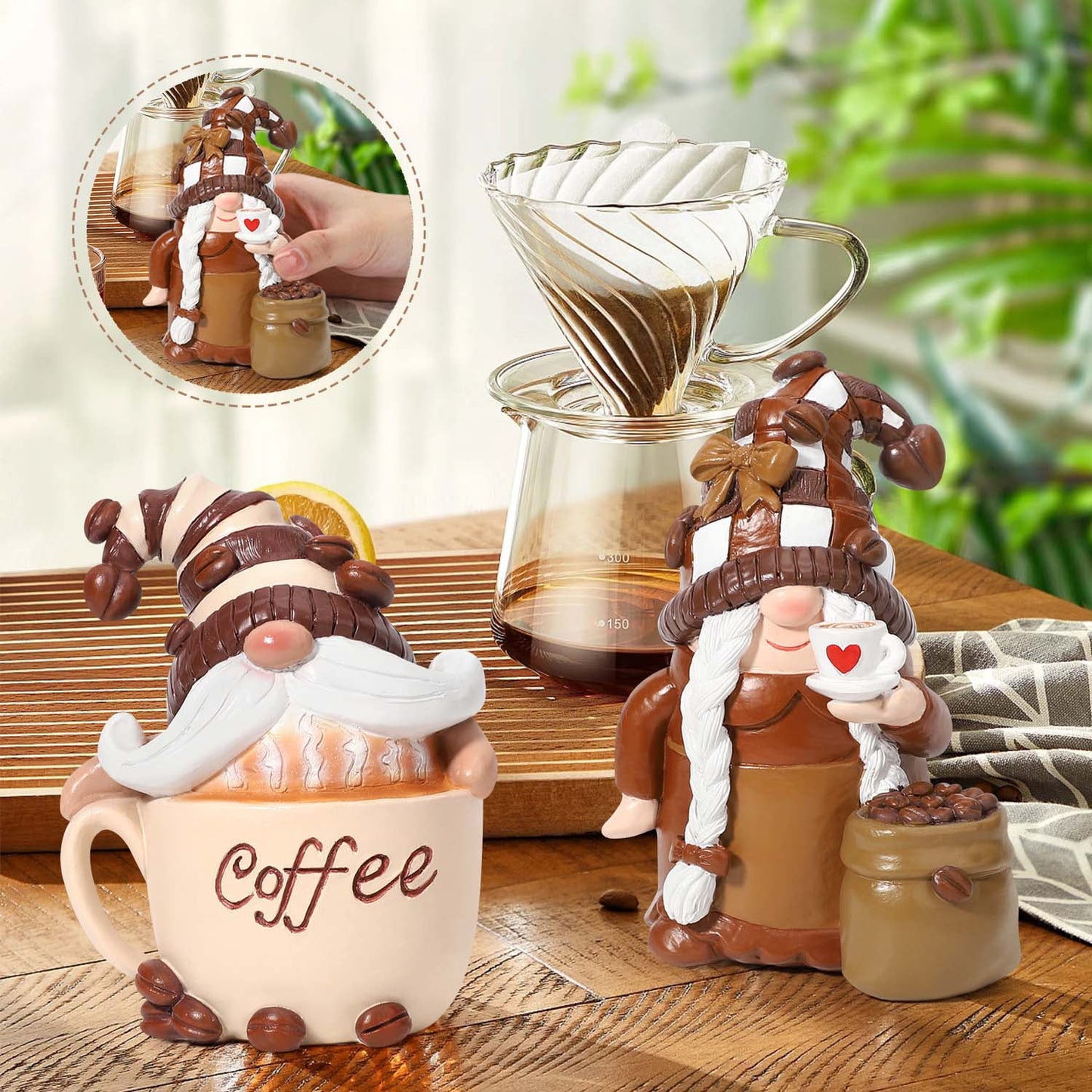 Ayieyill 2 Pack Coffee Gnomes, Coffee Bar Decor Accessories, Christmas Resin Gnome Figurines Tiered Tray Collectible Tabletop Kitchen Decorations
