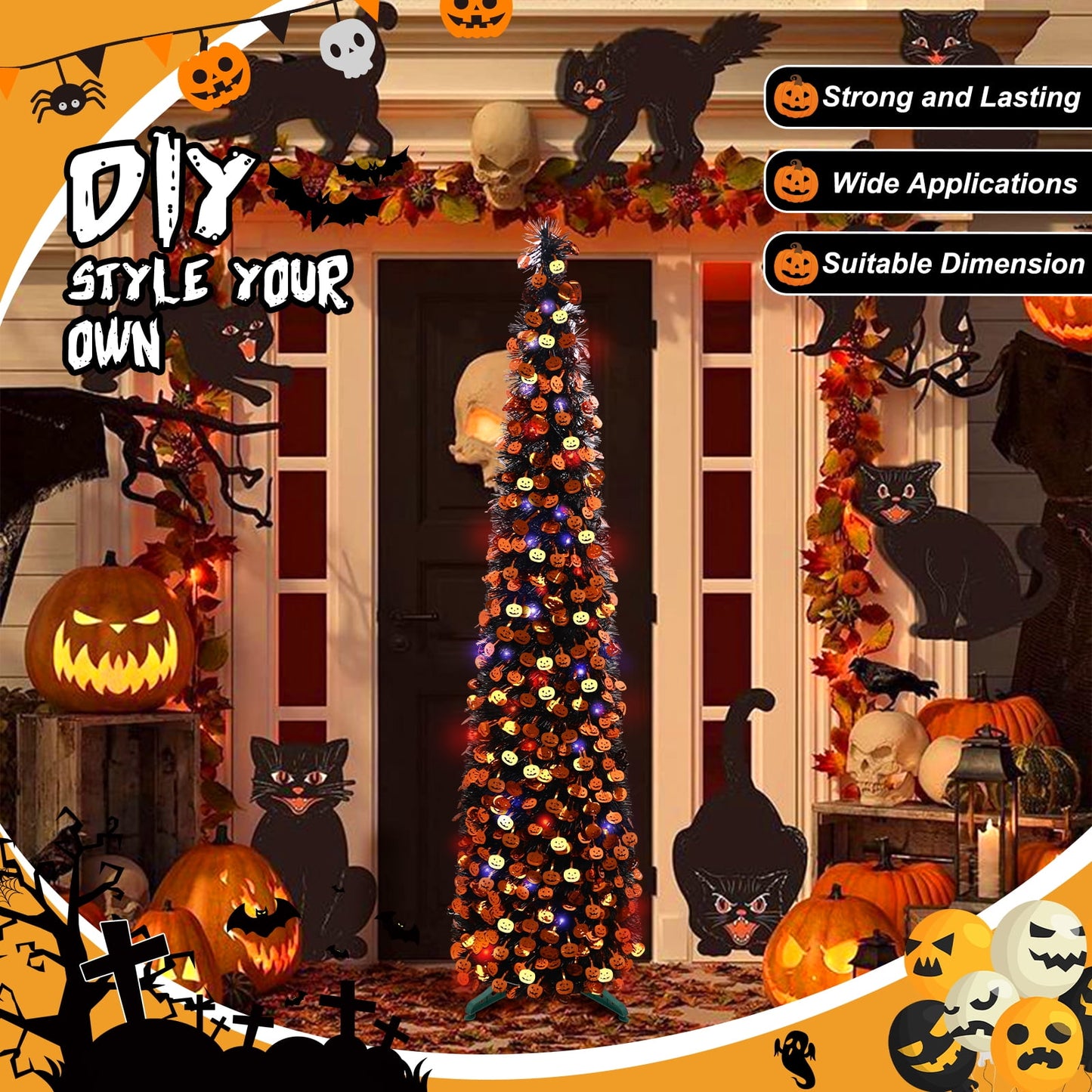 Ayieyill 5ft Halloween Tree Prelit, Pencil Pop up Tree with Light Halloween Decoration | Indoor