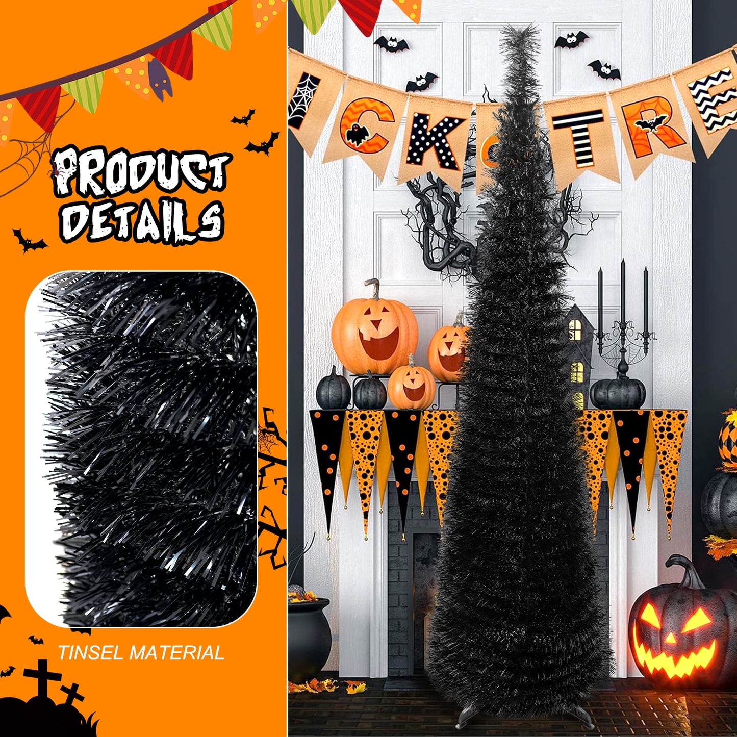 Ayieyill 5ft Halloween Tree Prelit, Pencil Pop up Tree with Light Halloween Decoration | Indoor
