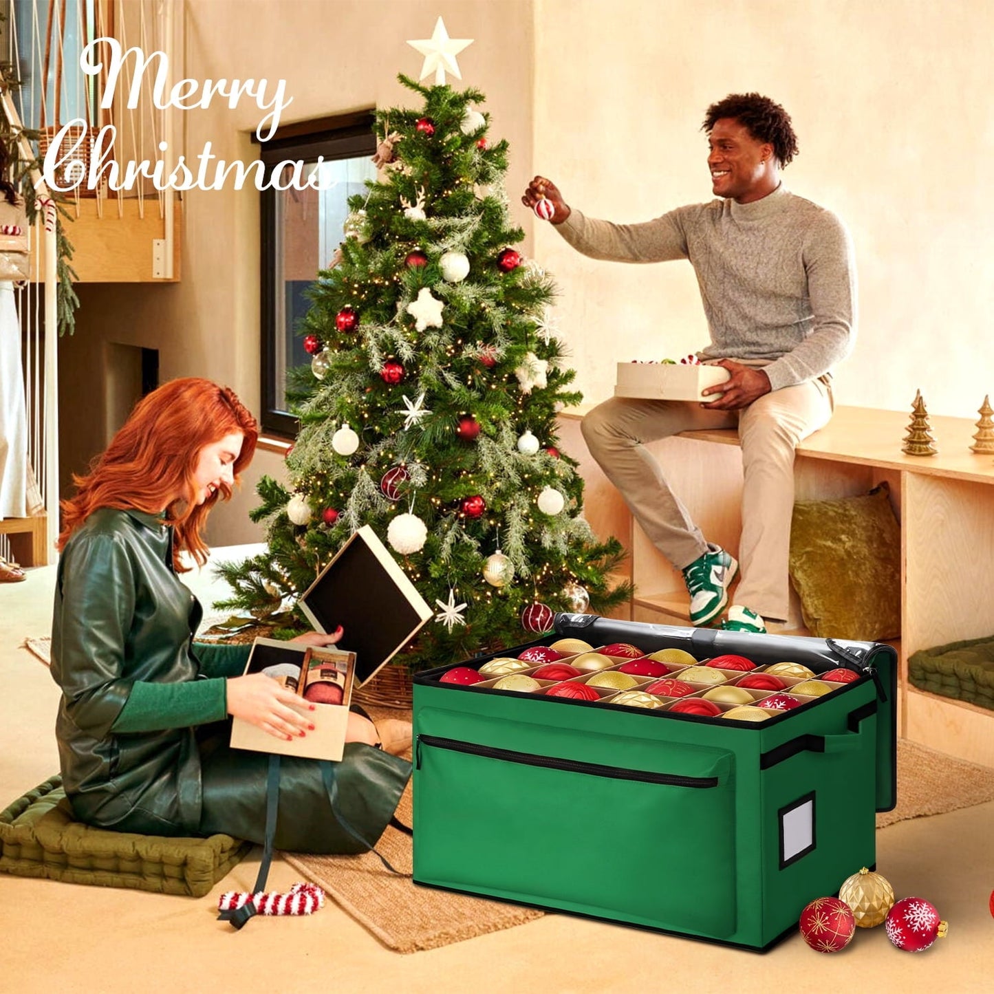 Ayieyill Premium Christmas Ornament Storage Container - Holds Up to 72-4” Ornaments Durable 600D Fabric - Adjustable Dividers - 3 Individual Trays