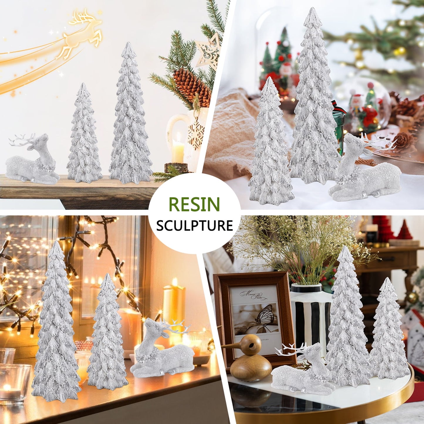 Ayieyill 3Pcs Resin Christmas Tree and Reindeer Decortion, Small Christmas Decorative Figurine Set, Christmas Tabletop Decorations Indoor
