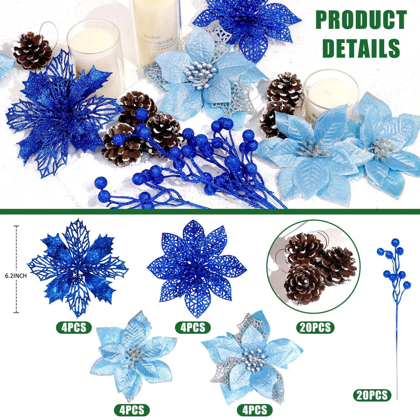 Ayieyill 56Pcs Poinsettia Christmas Flowers Decorations Christmas Flower Ornaments