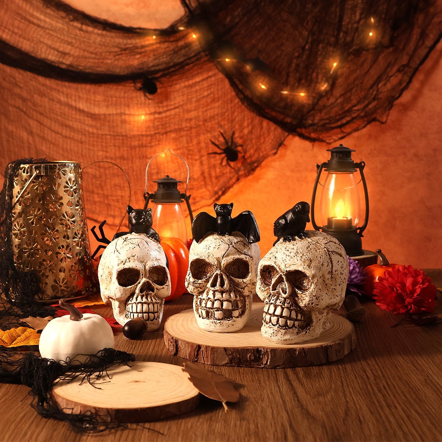 Ayieyill 3pcs Skull Halloween Decorations Indoor Skull Decor Halloween Figurines Cat Bat Raven Skulls Halloween Decor