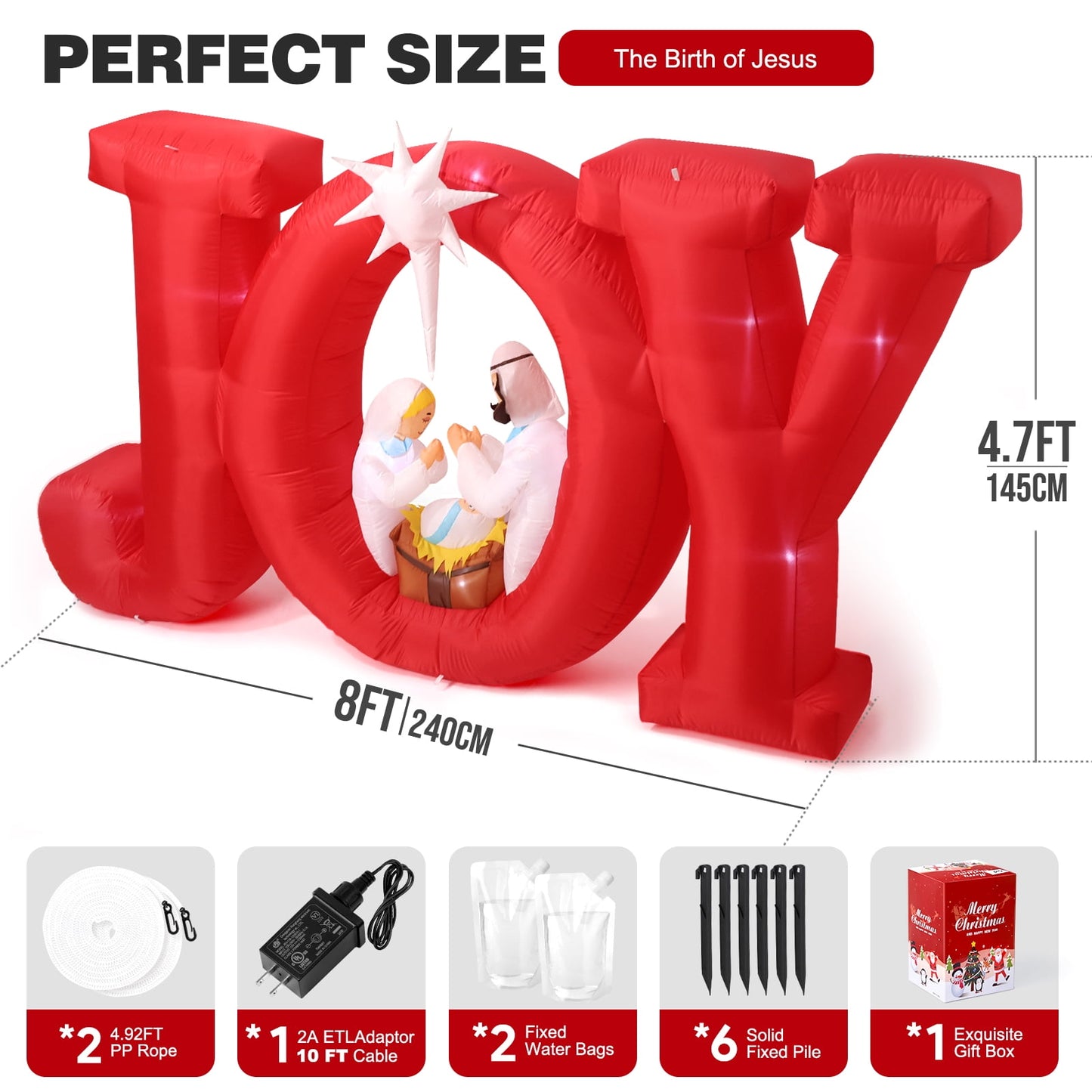Ayieyill 8FT Inflatables Christmas Outdoor Decoration, Joy Christmas Nativity Decoration with LED, Christmas Blow up Yard Decorations- Red/White