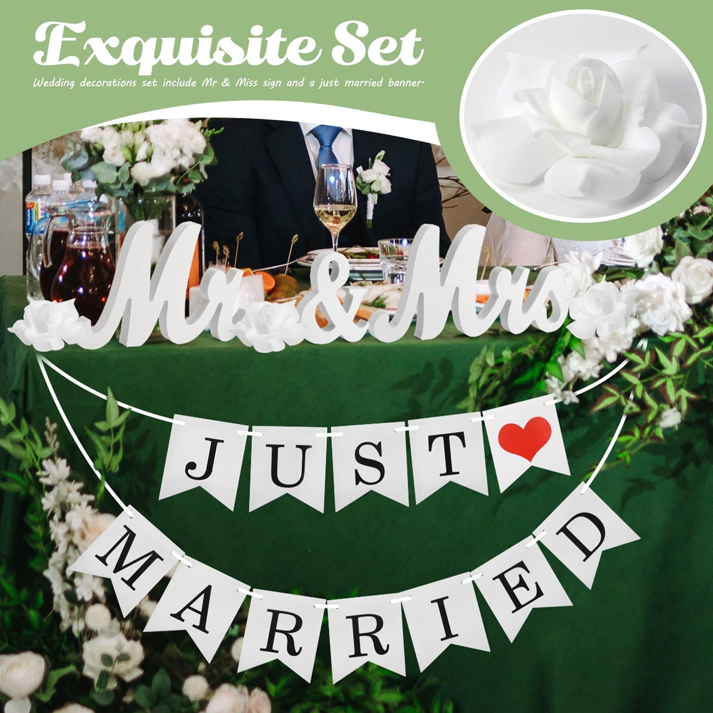 Ayieyill Mr and Mrs Sign for Wedding Party Table, Wedding Decorations for Reception, Wedding Signs (White with Banner)