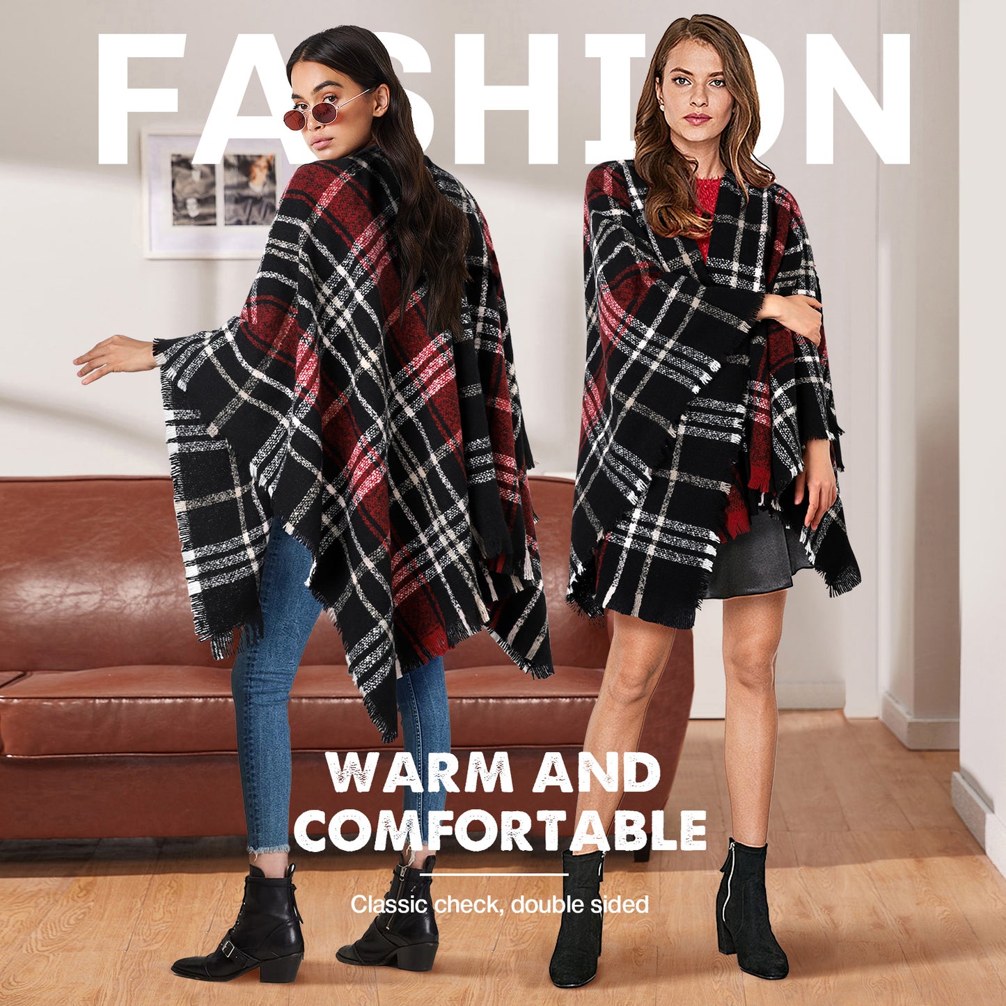 Ayieyill Shawl Wraps for Women Women's Poncho Open Front Boho Knitted Plaid Blanket Scarf Cape