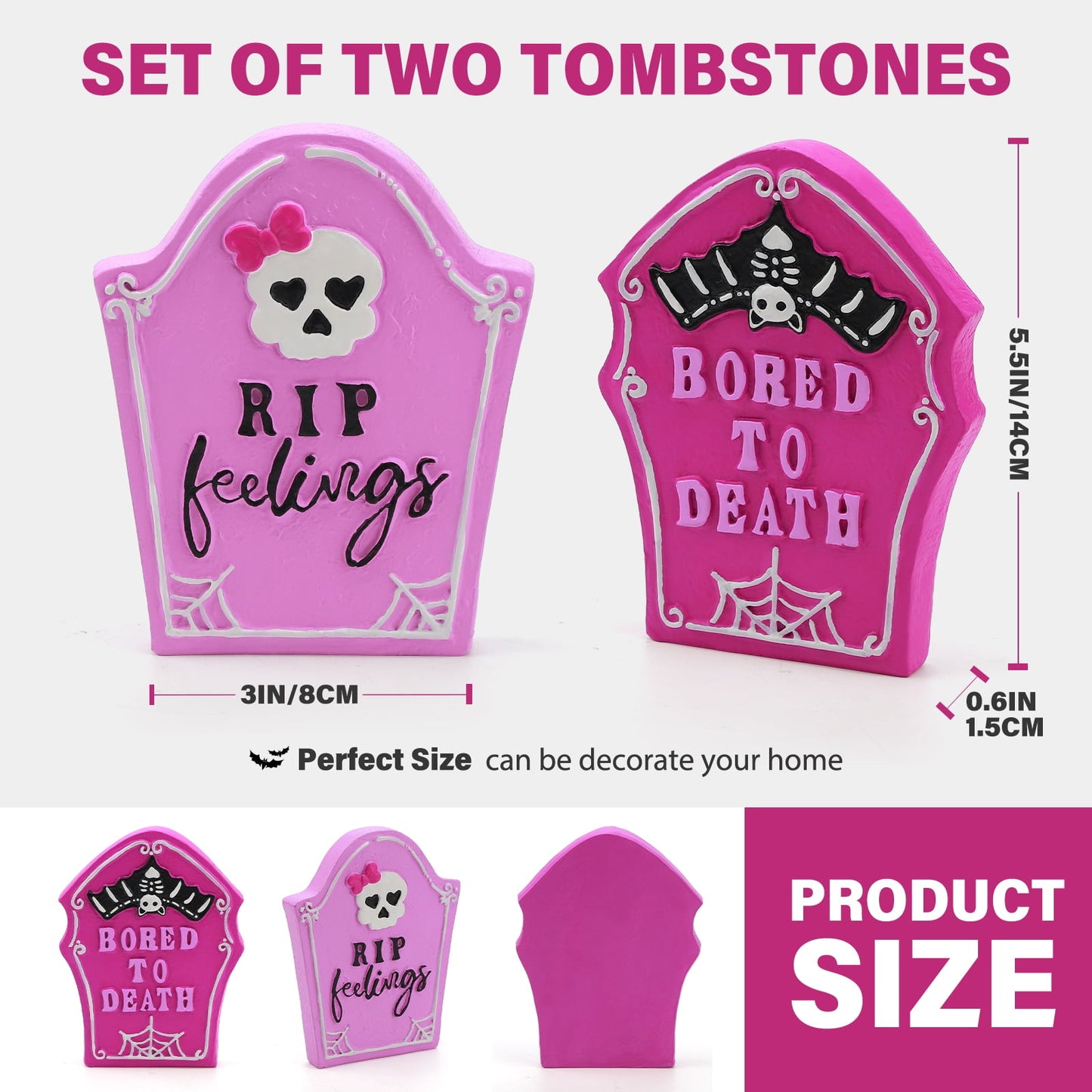 Ayieyill 2pcs Halloween Tombstones Decorations Halloween Figurines Halloween Decorations Indoor, Halloween Gift, Pink