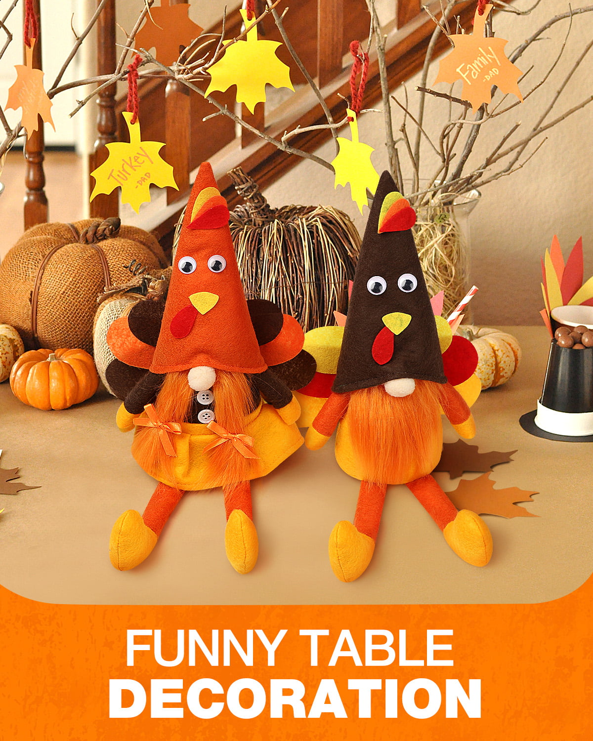 Ayieyill Fall Thanksgiving Decorations, 2 Pack Handmade Fall Turkey Swedish Gnomes