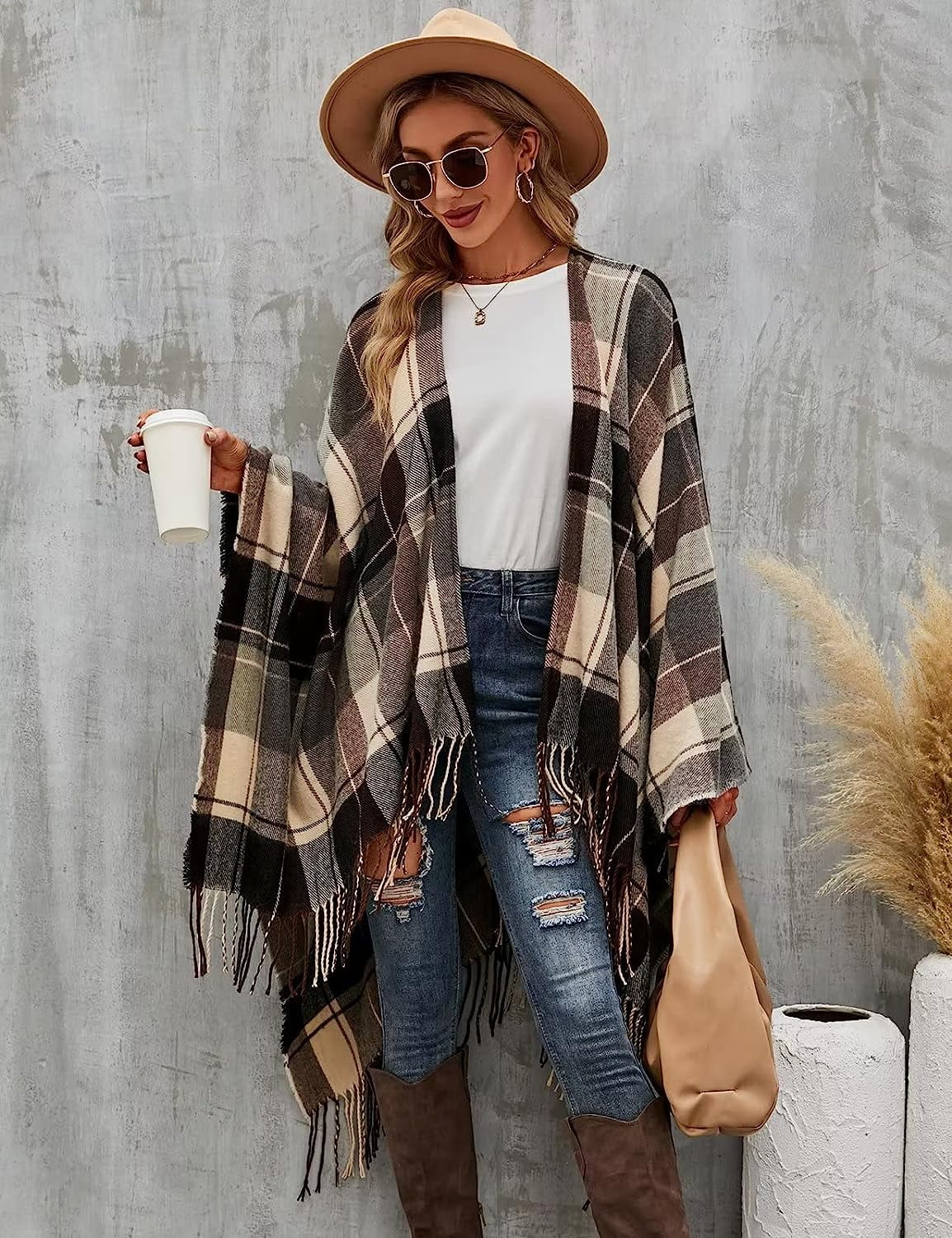 Ayieyill Shawl Wraps for Women Women's Poncho Open Front Boho Knitted Plaid Blanket Scarf Cape