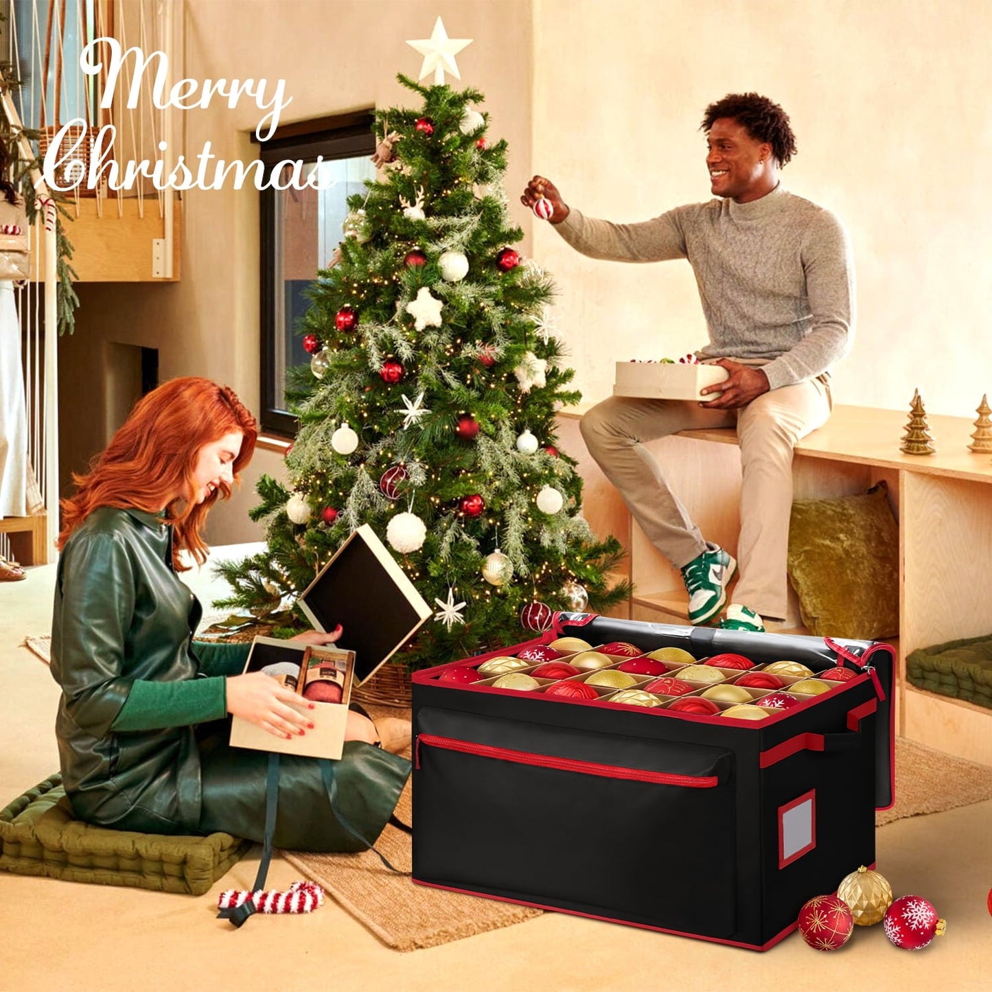 Ayieyill Premium Christmas Ornament Storage Container - Holds Up to 72-4” Ornaments Durable 600D Fabric - Adjustable Dividers - 3 Individual Trays