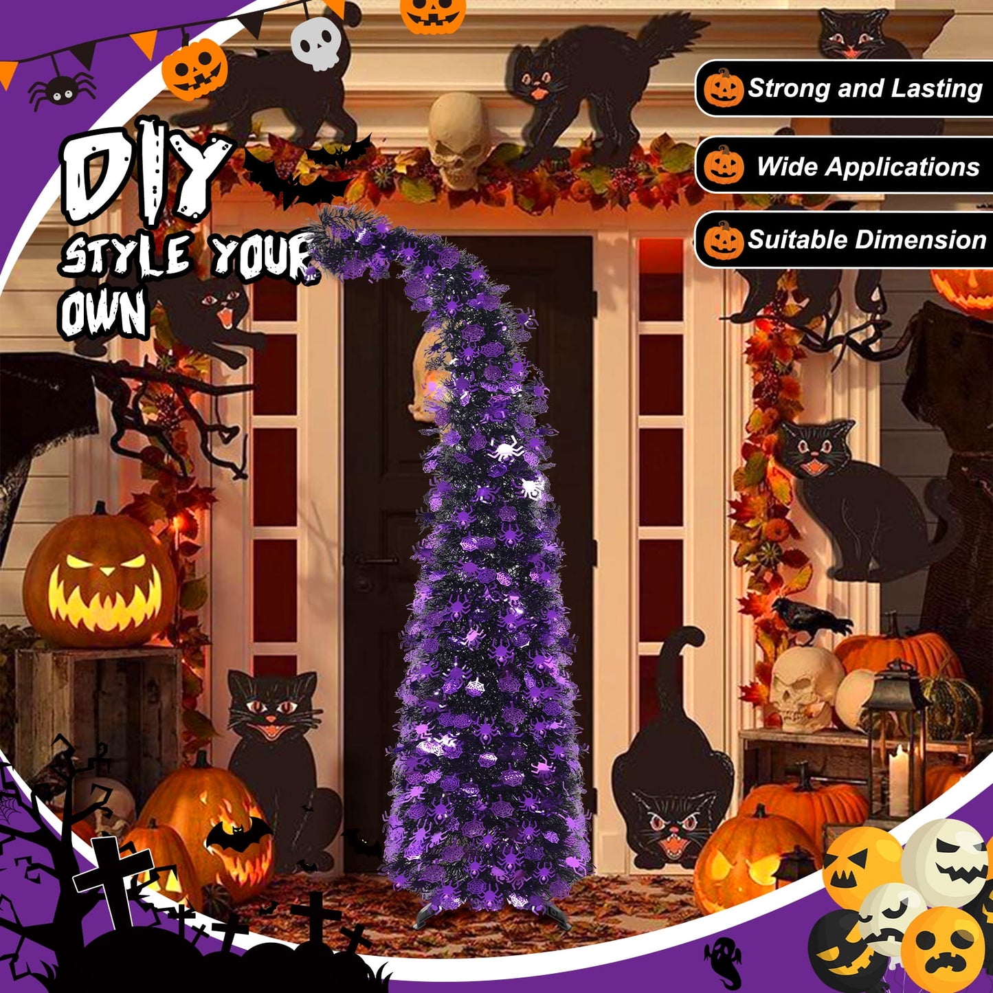 Ayieyill 5ft Halloween Tree Prelit, Pencil Pop up Tree with Light Halloween Decoration | Indoor