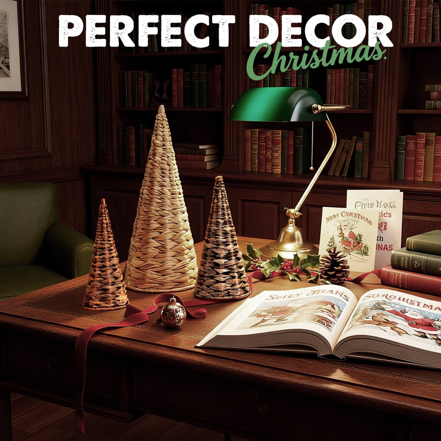 Ayieyill 3pcs Wicker Christmas Tree Tabletop Christmas Decor Farmhouse Christmas Decor Rustic Xmas Decorations, Natural