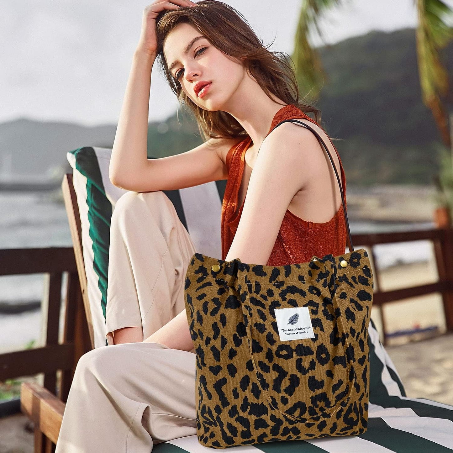 Ayieyill Corduroy Tote Bag Large for Women Girl Lady Canvas Shoulder Cord Purse and Handbags with Inner Pocket